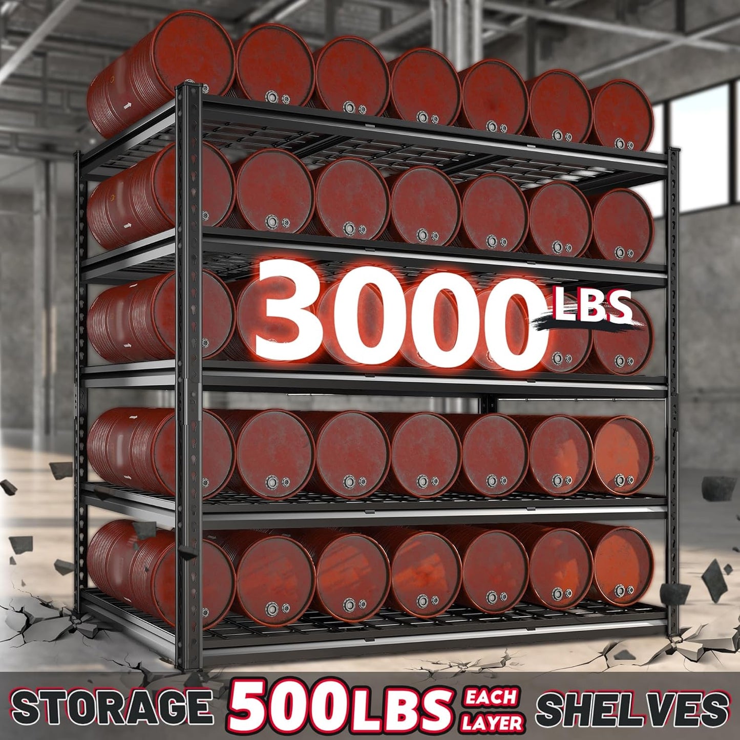 REIBII 55" W Garage Shelving, Heavy Duty Storage Shelves Load 3000LBS, 5 Tier Adjustable Metal Shelving Unit for Basement, Warehouse, Workshop, 55" W x 24" D x 72" H