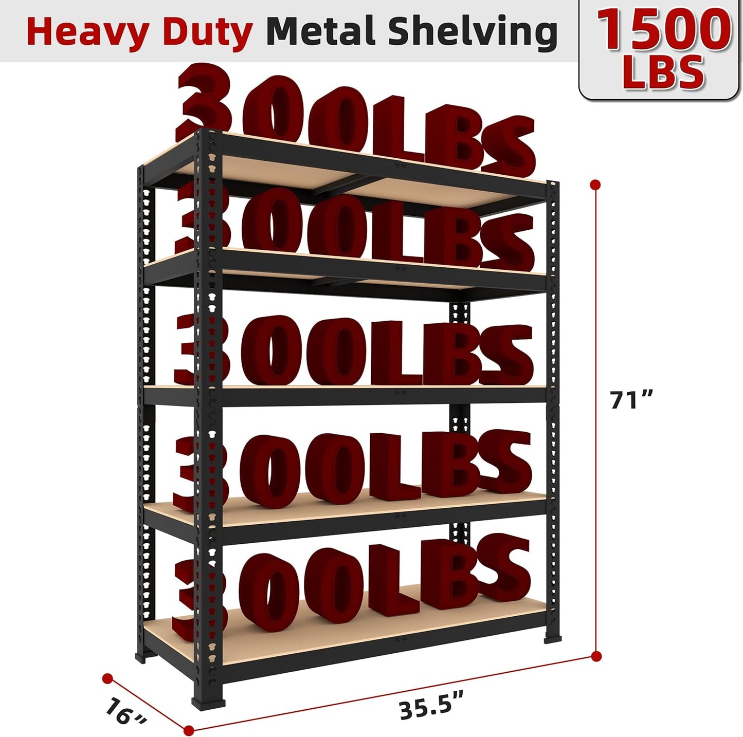 3 Packs 35.5" W x 16" D x 71" H Adjustable Garage Storage Shelves - 5-Shelf Heavy Duty Shelving Unit, Metal Utility Storage Organizer Racks for Warehouse Pantry Closet Kitchen, Black