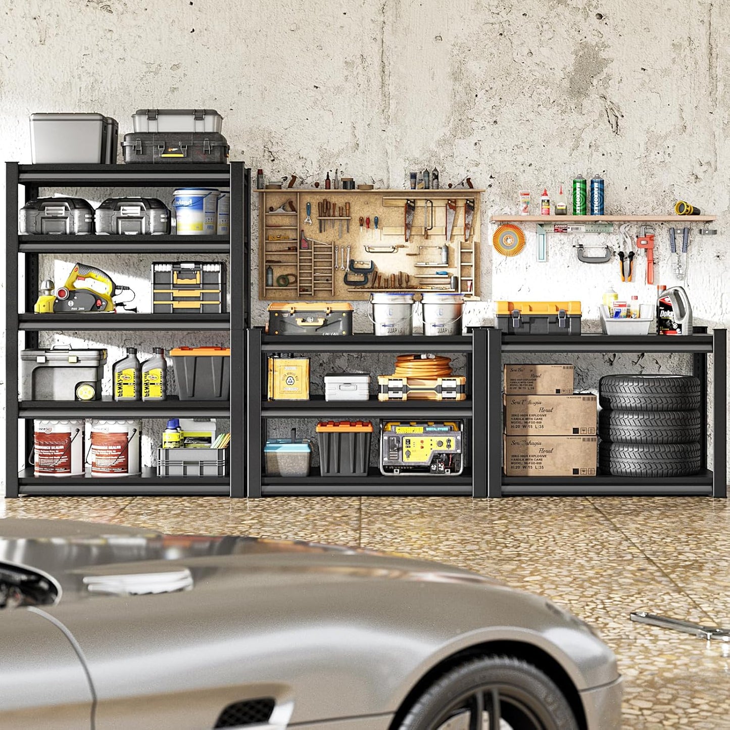 Heavy Duty Shelves, 48'W24'D78'H, 5-Tier Metal Shelves, 3000LBS Loads, Adjustable, Black, For Garages, Warehouses