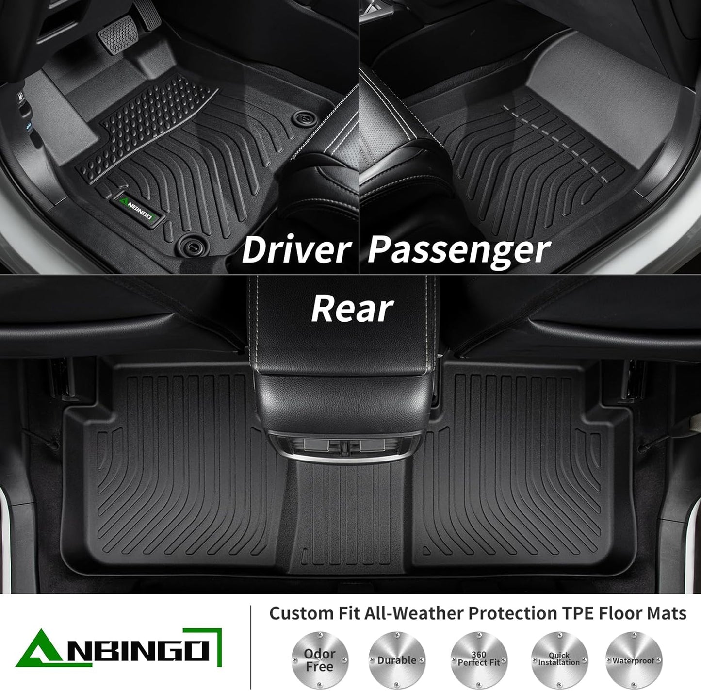 ANBINGO® Floor Mats & Cargo Liner for 2007 2008 2009 2010 2011 CR-V, Waterproof Car Mats All Weather Guard TPE Floor Liners Front & Rear Row & Trunk Mats, CRV Full Set - Black