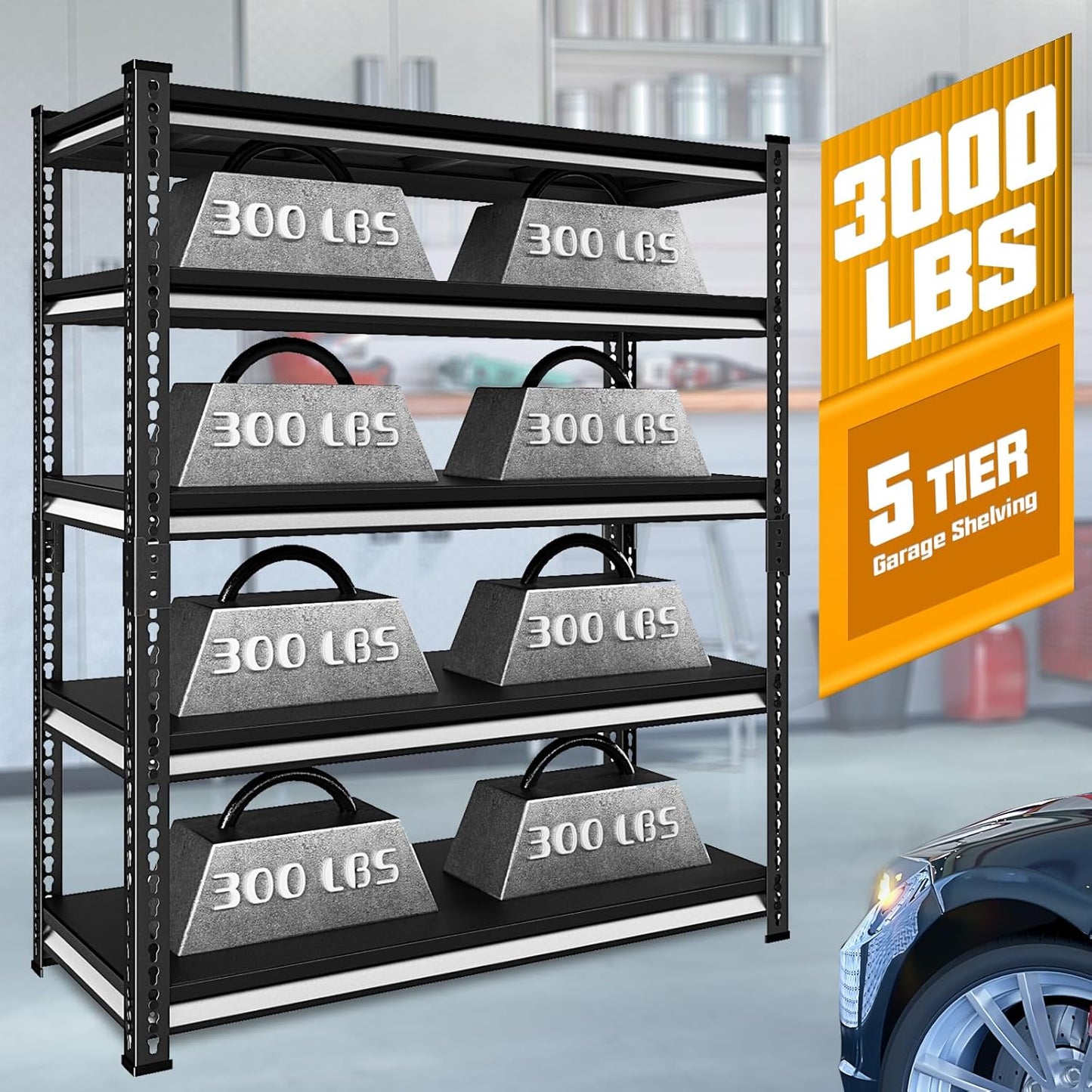 48" W Garage Shelving Heavy Duty, 3000LBS Loads Adjustable Garage Storage Shelves, 5-Tier Metal Shelving Units and Storage Racks, Industrial Utility Shelf,48" Wx24 Dx78 H, Black
