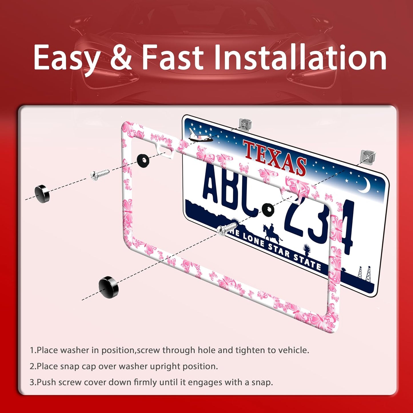 Pink Butterfly License Plate Frame Funny Animal License Plate Frames Stainless Steel Accessories Cars Decor with 2 Holes and Screws Fits Standard Us Ca Vehicles License Plate Holder 12.2 X 6 Inch