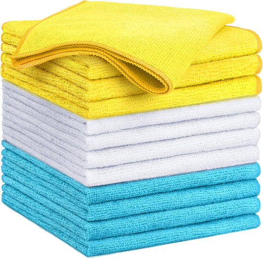 GLIMGLINT Microfiber Cleaning Cloth, 12 Pack Cleaning Rags, Cleaning Towels with 3 Color Assorted, 14"X12"(Yellow/White/Blue)