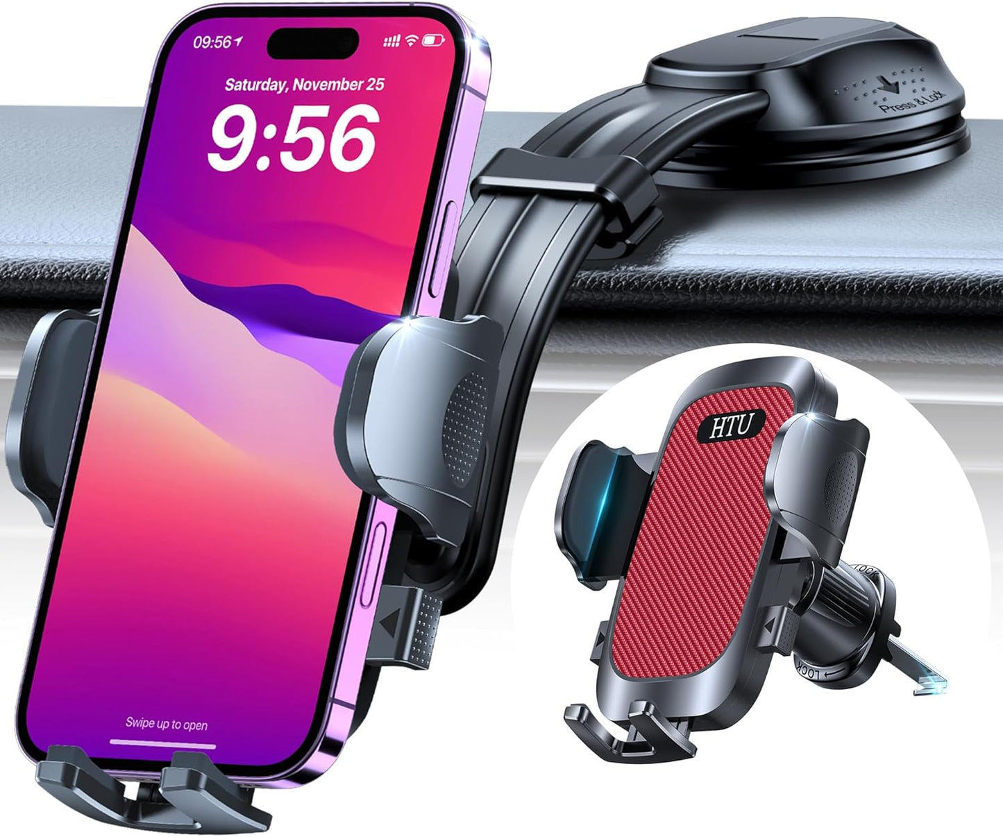 HTU Upgraded Strongest Suction Car Phone Holder Bendable Arm, Never Block View Rotatable Cellphone Mount for Dashboard Windshield Vent, Cradle Stand for iPhone 16 15 14 13 12 Pro Max (Red)