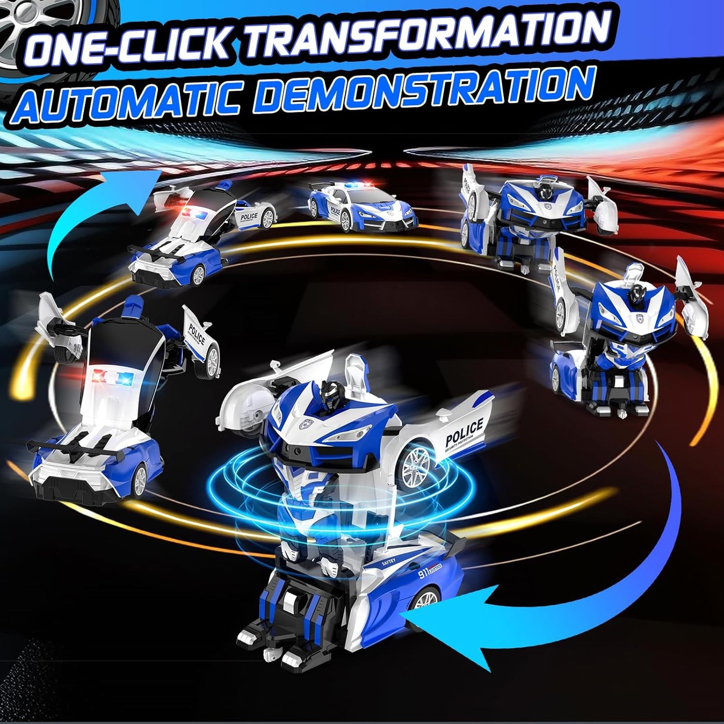 Remote Control Car for Boys 4-7, 2.4GHz RC Car 1:18 Scale, One-Button Transforming Toy with 360° Spins, LED Lights (Blue)