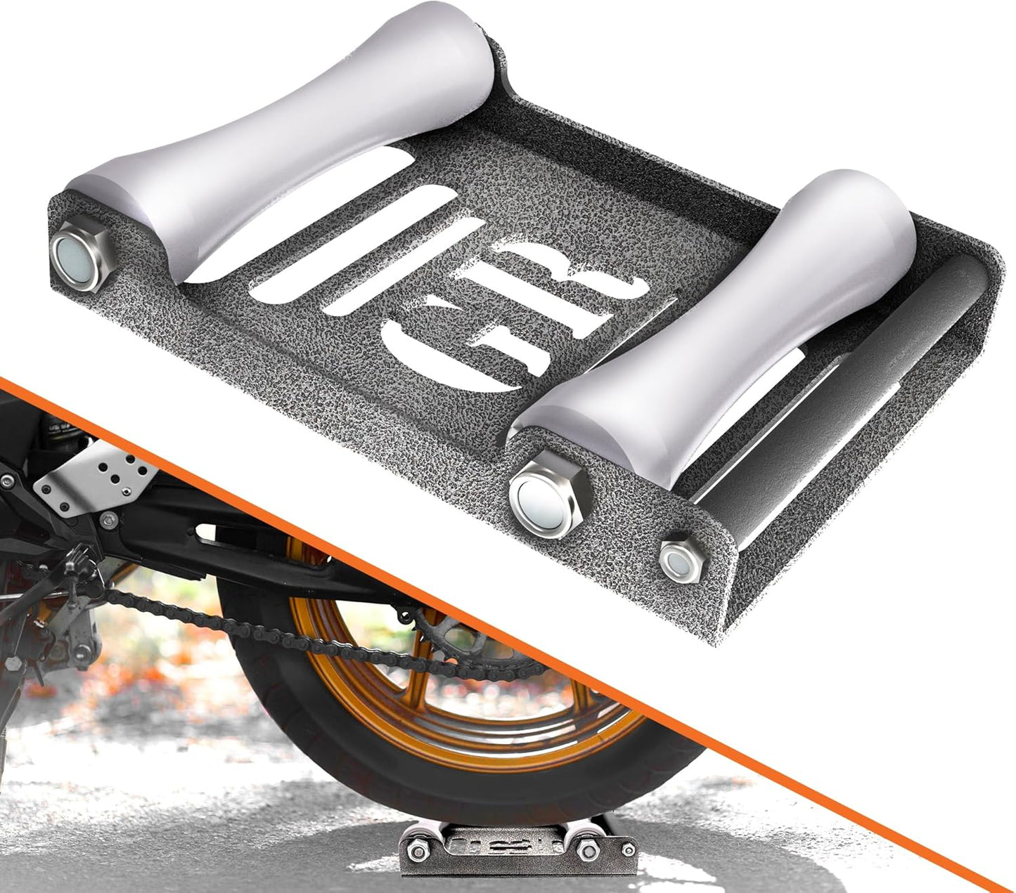 GRAND PITSTOP Motorcycle Roller Wheel Cleaning Stand - Paddock Stand Replacement - Wheel Roller Stand with Ramp Support for tire Cleaning & Chain Lubrication (Roller Large Antic Silver)