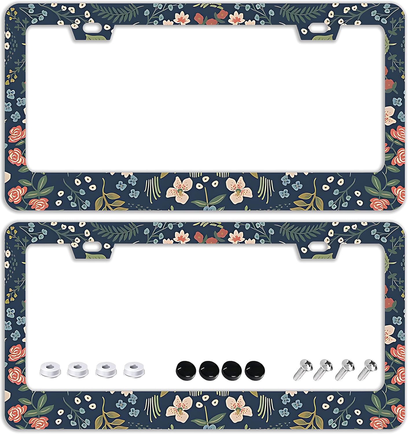 Colorful Floral Flowers License Plate Frames - 2 Pcs Set 2 Holes Stainless Steel Metal Auto Car Accessories Decoration License Plate Frame Cover Size 6.3" x 12.2" Fit US Vehicles for Women Men Gift
