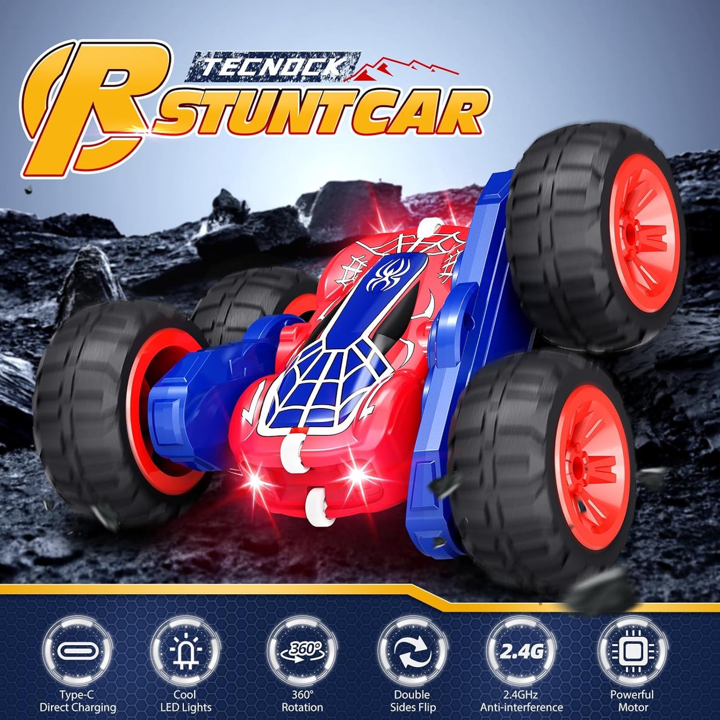 Tecnock Spider Remote Control Car, 2.4GHz RC Cars with USB-C Easy Charging, 4WD Double Sided 360° Rotates & Flips RC Stunt Car, Toys Gift for Boys and Girls