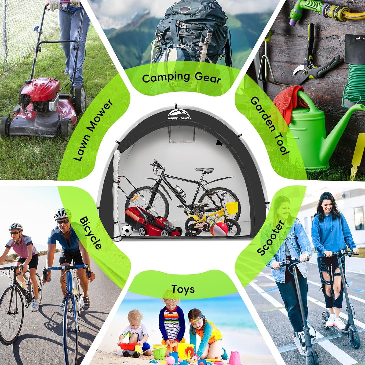 Happy Travel Bike Storage Tent Shed, Outdoor Waterproof Bicycle Covers Shelter with Window for 2/3/4/6 Bikes,Oversized Outside Portable Sheds for Lawn Mower,Garden Tools