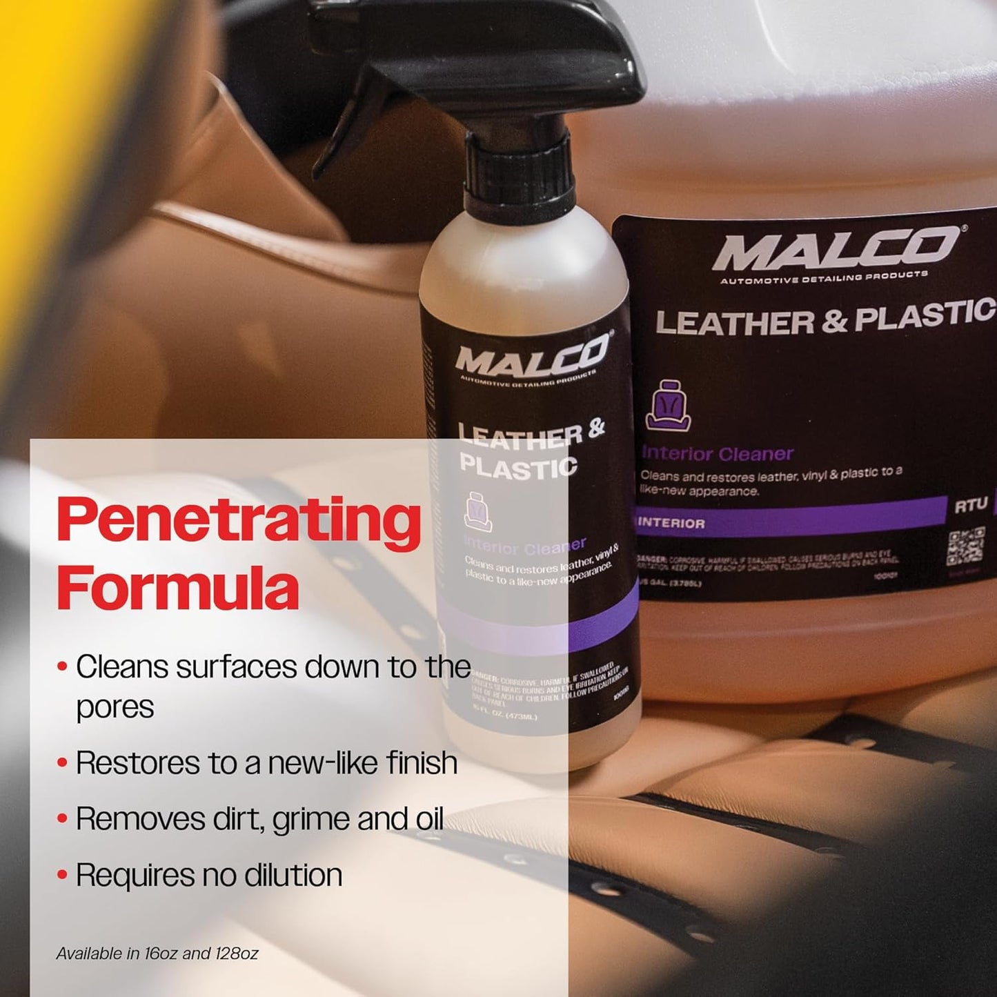 Malco Leather & Plastic Cleaner – Penetrates Deep to Remove Dirt, Grime and Oily Soils/Restores Leather, Plastic and Vinyl/Leaves Surfaces Clean, Shiny and Film-Free / 1 Gallon (100101)
