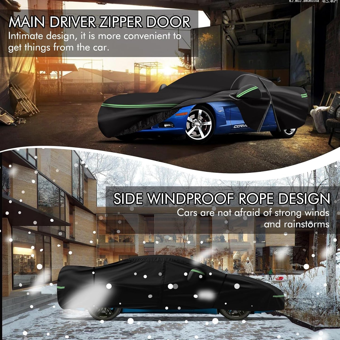 for Corvette 2005-2013 C6 Car Cover 210D Outdoor Waterproof UV Protection, with Cotton Layer, Zipper Door, Reflective Strip, Storage Bag, for Chevy C6