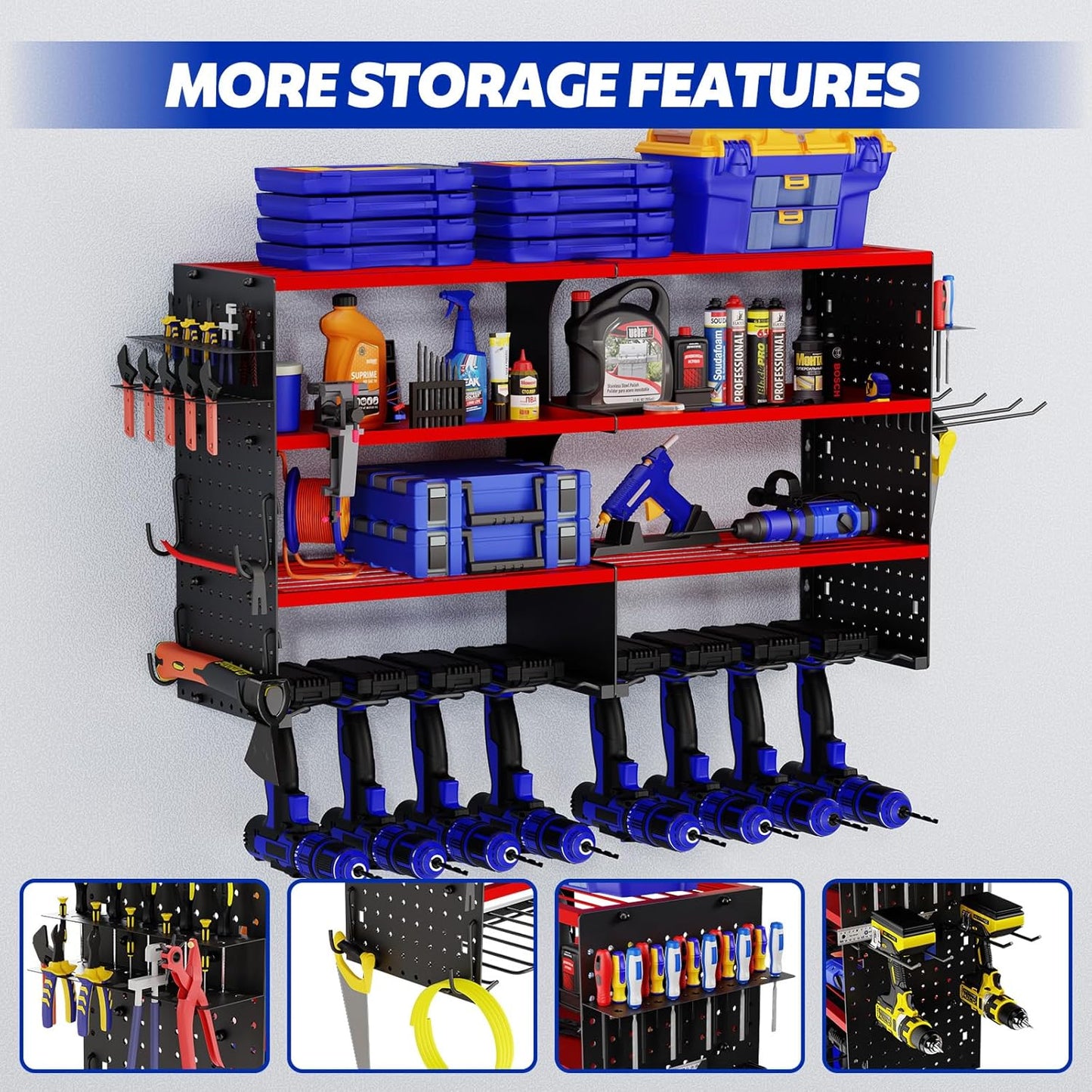 FAHKNS Power Tool Organizer Wall Mount, 4 Layer Heavy Duty Metal Tool Storage Rack, Garage Wall Organizers with 8 Drill Holder Screwdriver Holder, Cordless Tool Organizer for Garage Workshop Shed