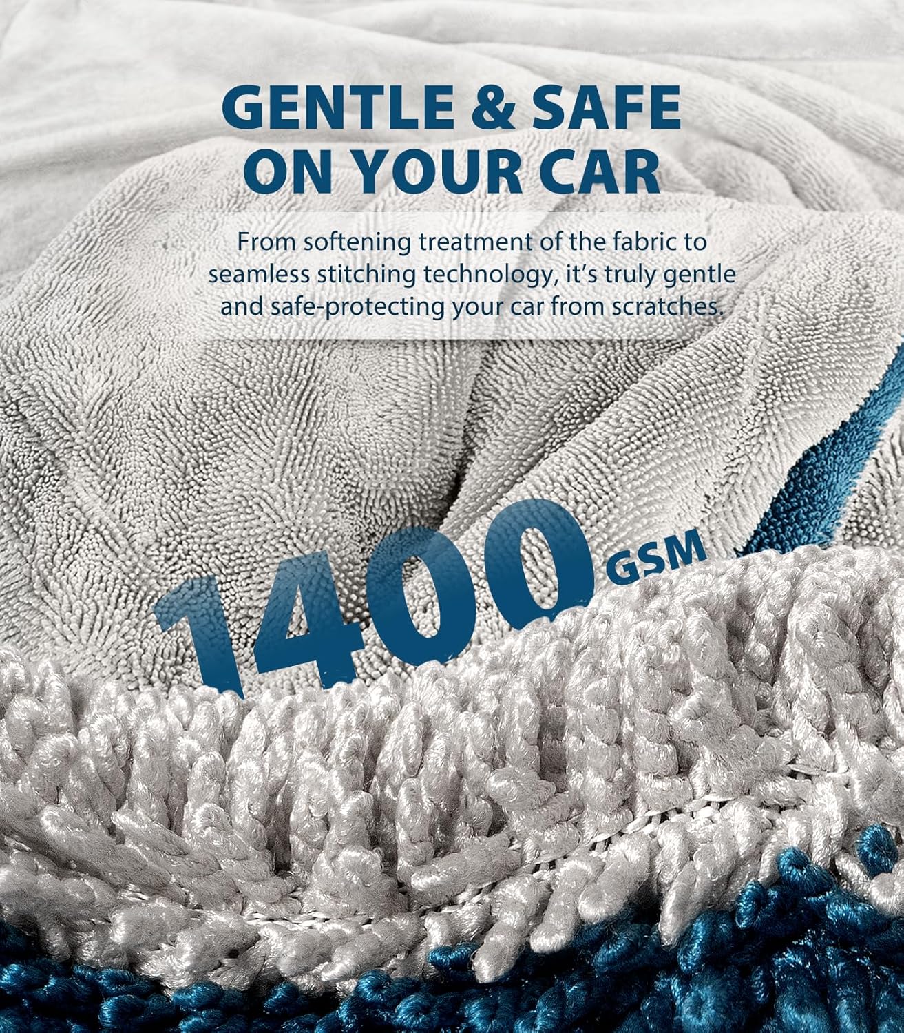 KKV Full-Sized SUV Drying Towel, 48”x24” Dual Sided Microfiber Car Cleaning Towel with Twisting Yarn Technique, 1400GSM Super Absorbent, Scratch-Free, Machine Washable (LightGrey-MarineBlue)