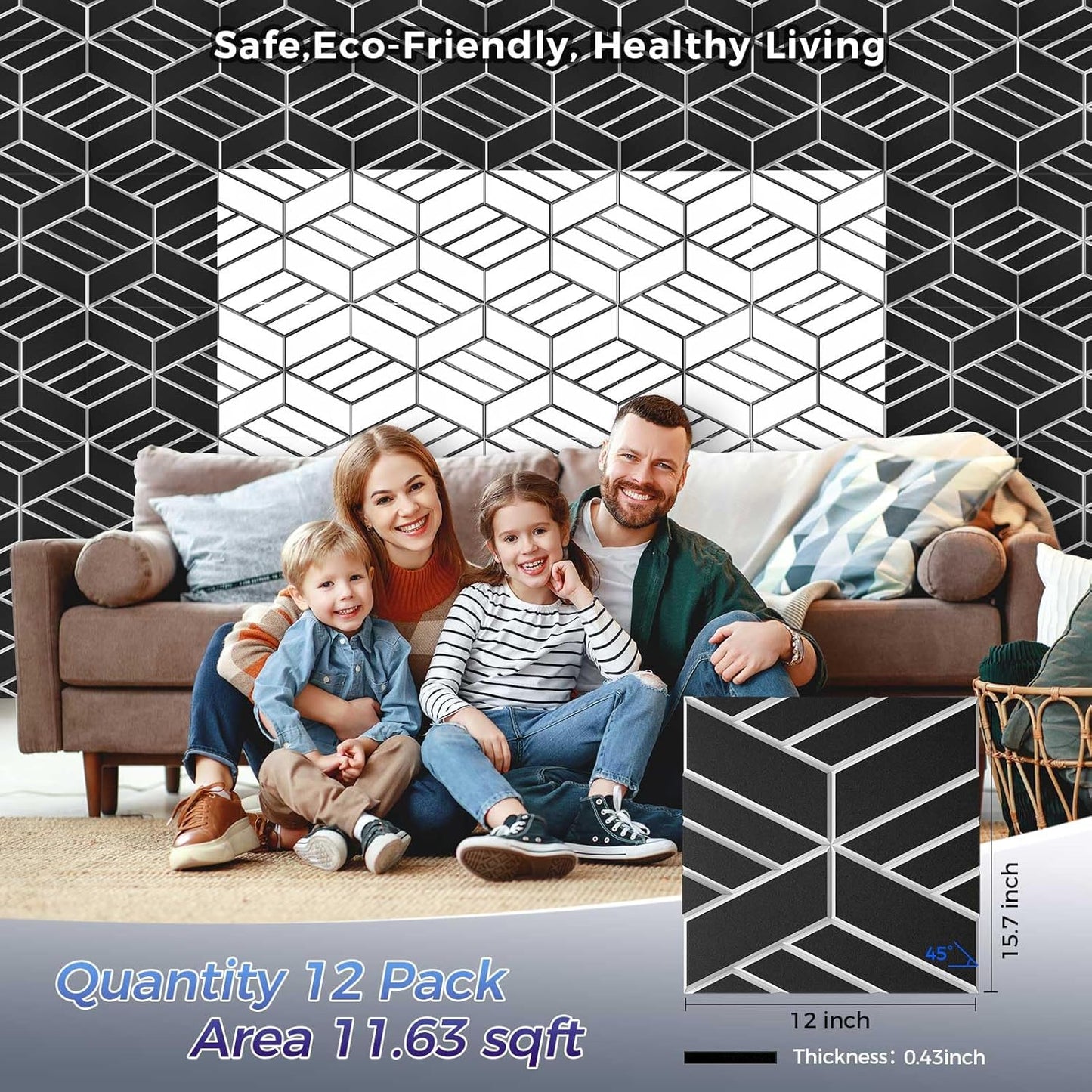 12 Pack 2-Layer Soundproof Wall Panels, 12 x 12 x 0.43 in Sound Proof Foam Panels for Walls, 1.1lb/ft* High Density, Thicker 0.43 in, 3D Acoustic Panels,Artistic Noise Dampening Panels Black&White