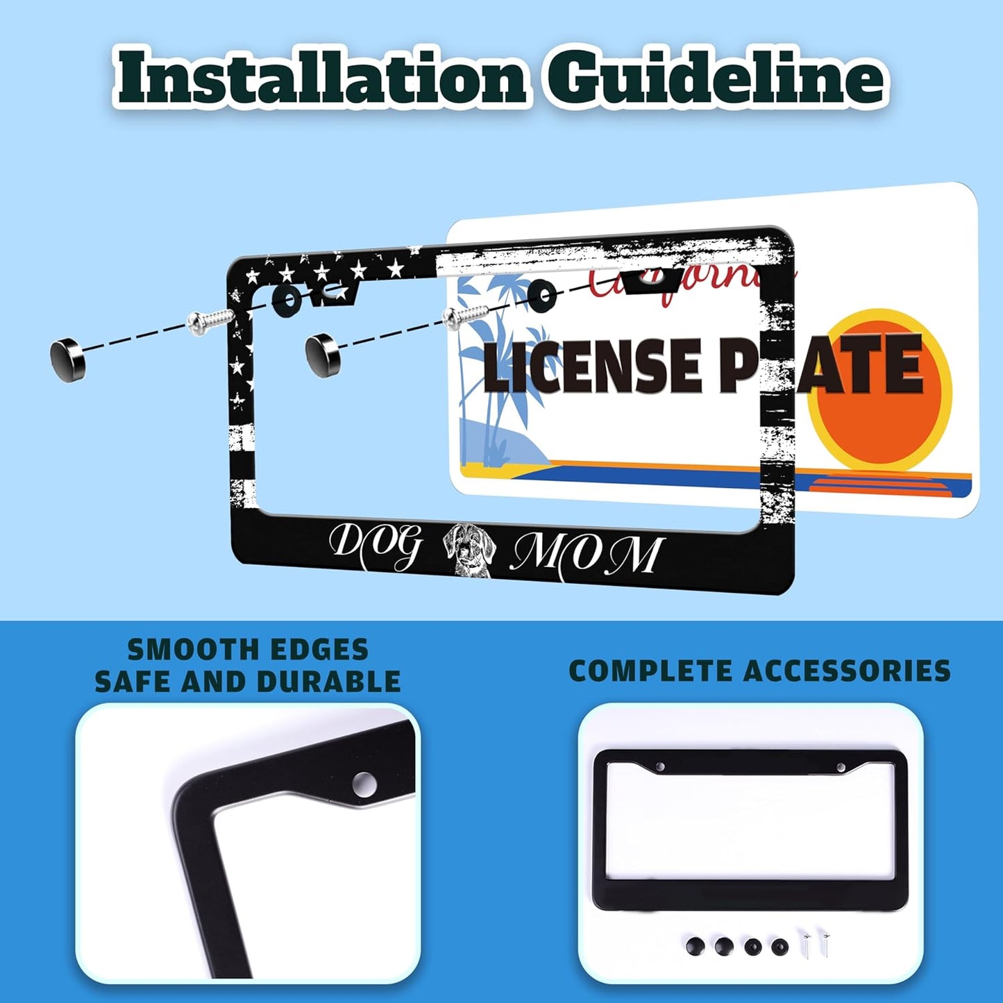 Dog Mom License Plate Frame Vintage American Flag Animal License Plate Holder for Front or Rear Car Tags Reusable Durable Stainless Steel Car Funny Decoration with Screws 6.3 X 12.2 in for Men Women