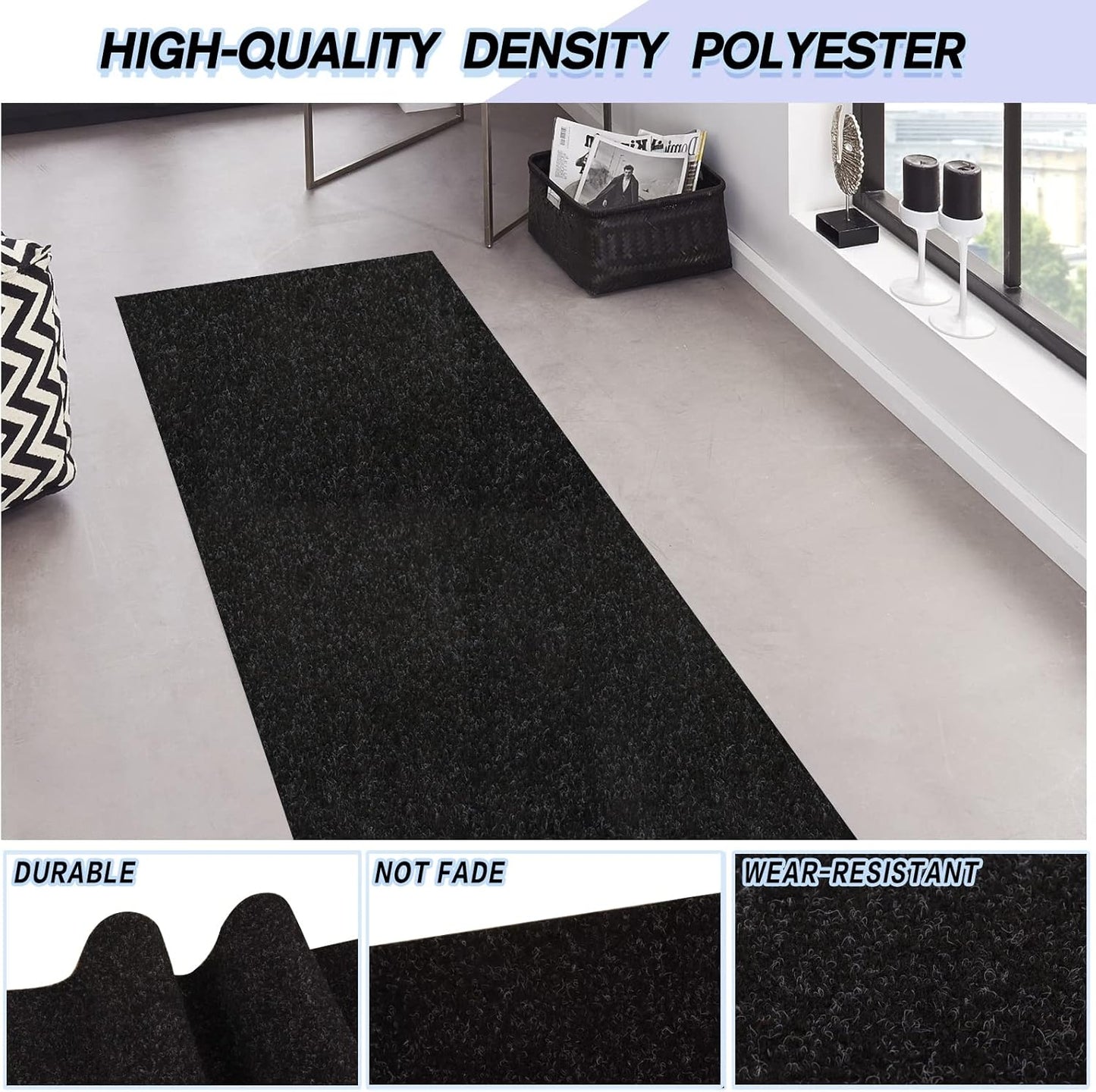 Custom Size Backed Non-Slip Area Rugs Runner, Easy Clean, Waterproof Runner Rugs for Hallway Entryway, Kitchen, Laundry, 2FT x 16FT, Black