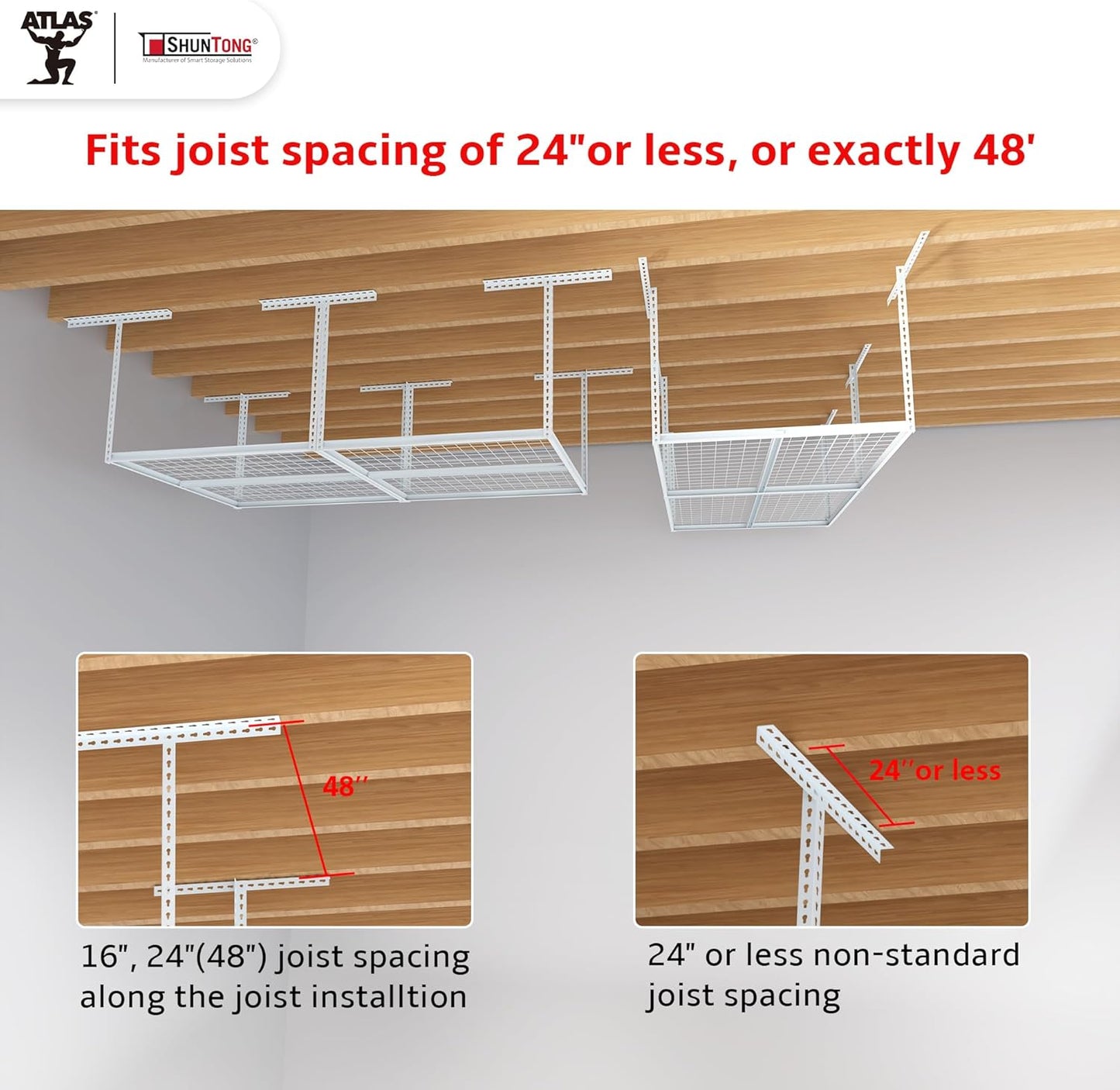 The Atlas 4 x 8 ft Adjustable Height Overhead Garage Storage Rack 900 lbs Heavy Duty Capacity White