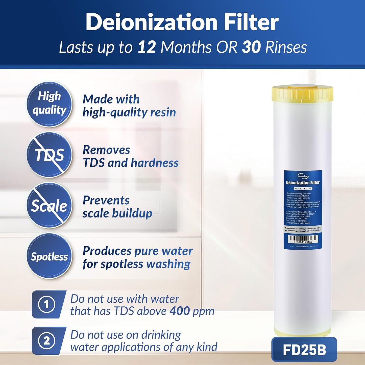 iSpring FD25B Deionized Water Filter for Spotless Car Wash System, Fits WGB22BD Deionized Water System for Car Wash, 4.5” x 20”