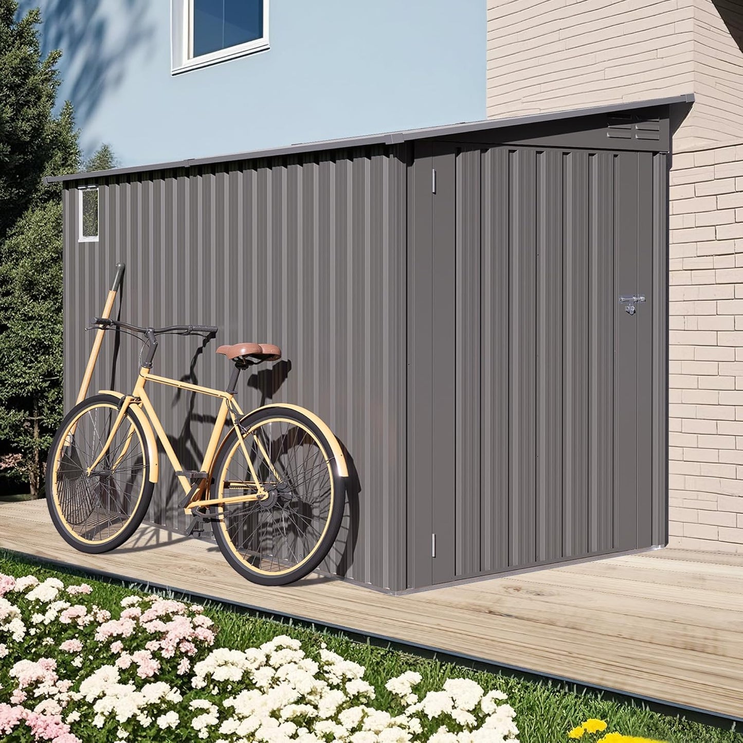 4x9 FT Lean to Shed with Windows, Metal Sheds & Outdoor Storage with 6 Vents and 1 Side Open Door, Outdoor Storage Shed Waterproof for Backyard, Garden, Patio, Gray