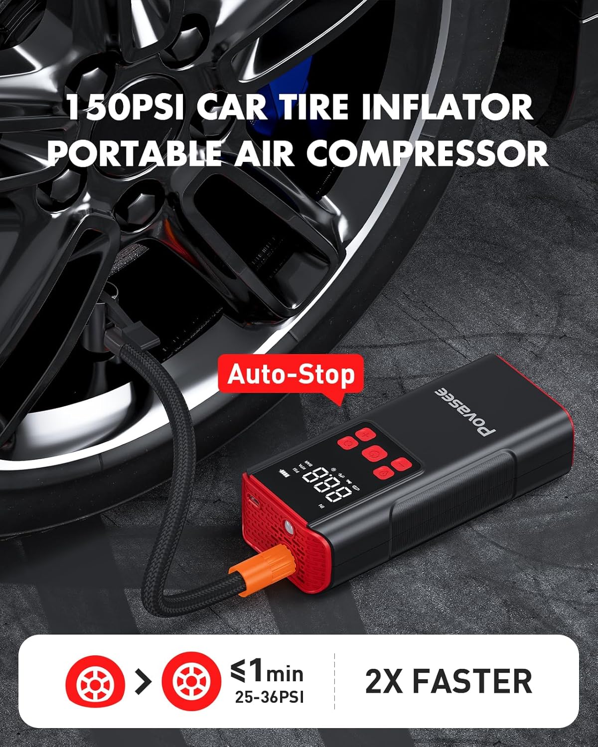Tire Inflator Portable Air Compressor Povasee 150PSI Portable Air Pump for Tires Cordless Car Tire Inflator with LCD Display,Flashlight, 2X Tire Pump Faster suit for Cars Bikes Motorcycle Ball