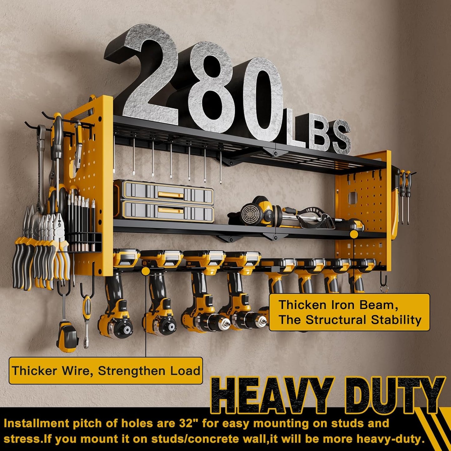 Power Tool Organizer Wall Mount,Cordless Drill Hanger Storage Rack 8 Drill Holder,3 Layers Heavy Duty Power Tool Storage Rack(Yellow)