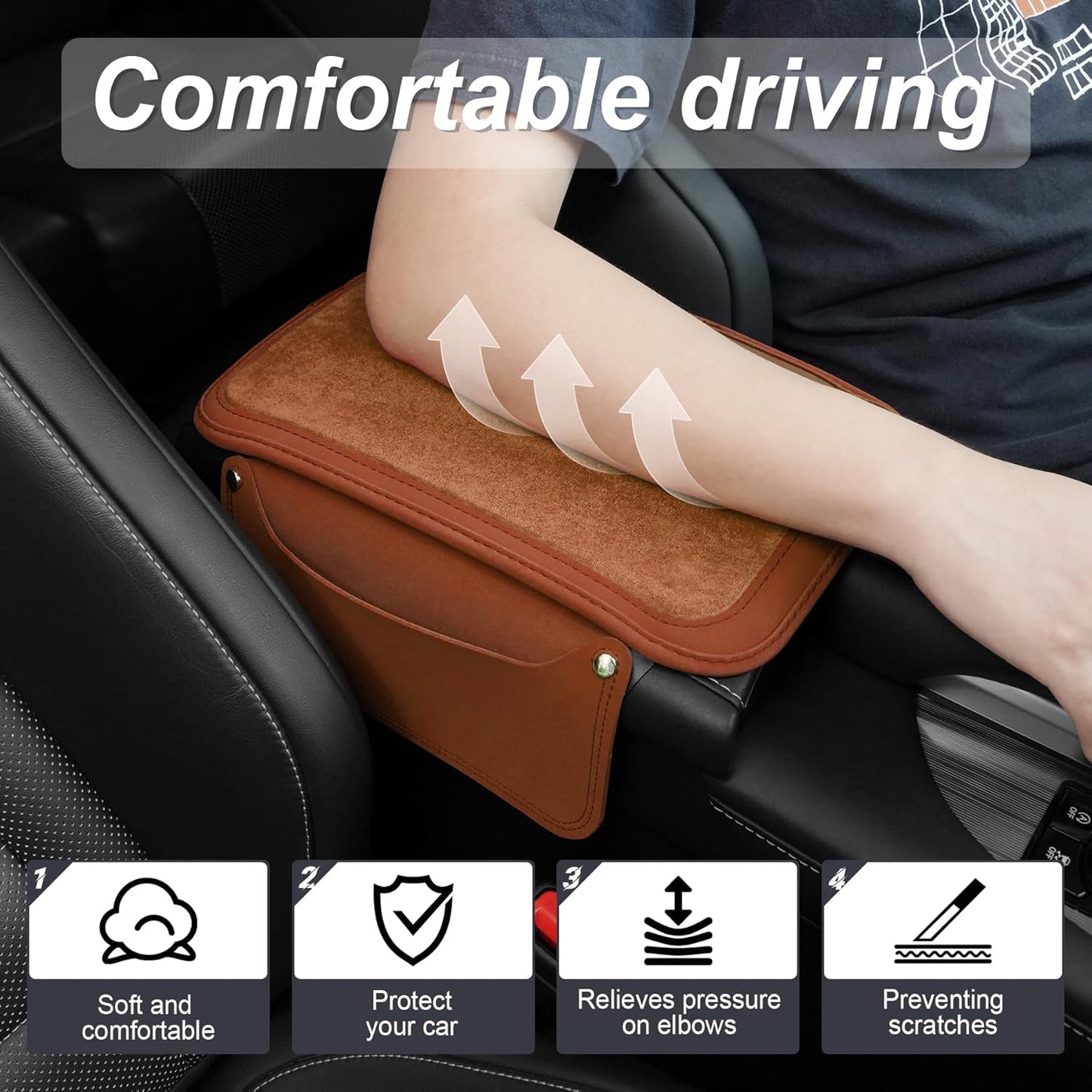 SINGARO Car Leather Center Console Cover with 2 Storage Bags, Universal Furry Fluffy Car Armrest Seat Box Pad, Comfortable Car Interior Accessories, Fits for Most Vehicles (Orange)