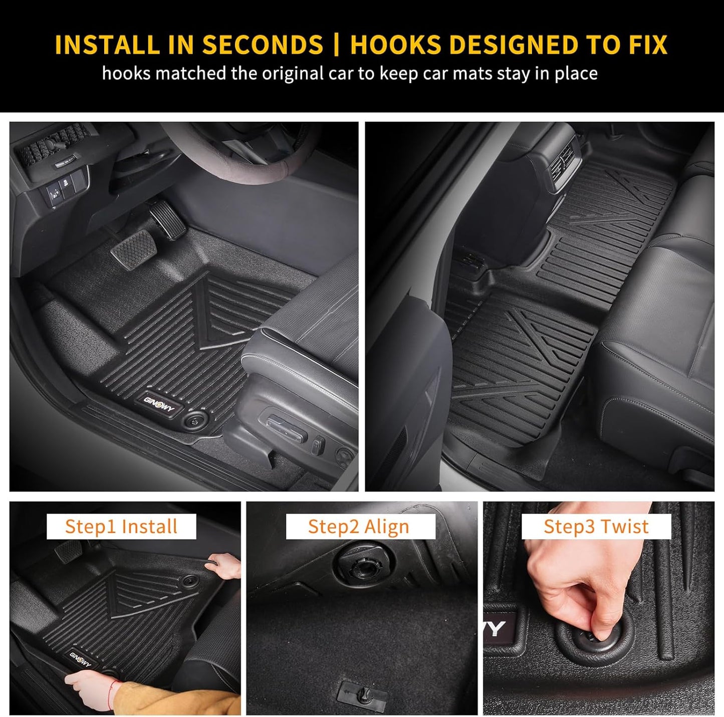 GINOWY-Floor Mats for Honda Ridgeline 2017-2023 2024 2025, TPE All Weather Protection Car Mats Custom Fit Ridgeline 2024 Floor Liners Anti-Slip Waterproof Automotive Accessories Black