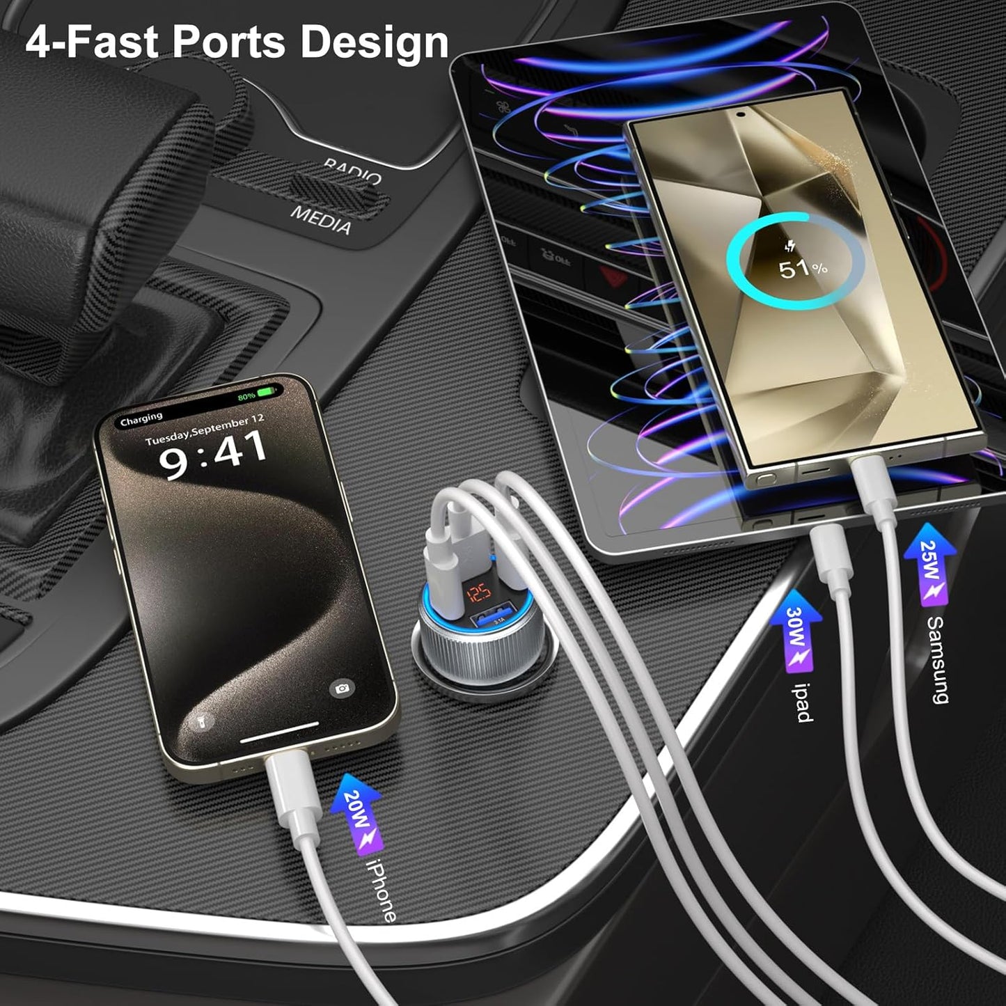 USB C Car Charger 5 Pack, 65W Dual 12V USB C & USB A Car Charger with Voltage Display Multi Port PD/QC 3.0 Fast Charge Cigarette Lighter Adapter for iPhone 16/15/14/13 Pro,Galaxy S25,Android(Grey)