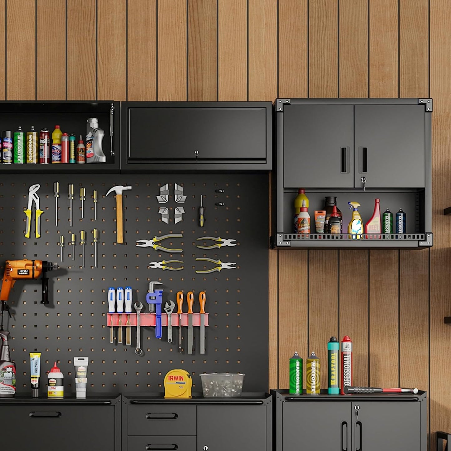 Metal Tool Cabinet,Garage Storage Cabinet System,Wall Cabinet & Locking Rolling Tool Cabinet with Doors and Adjustable Shelves,Steel Tool Cabinets for Home,Office (2 Pcs-StyleA, Black)