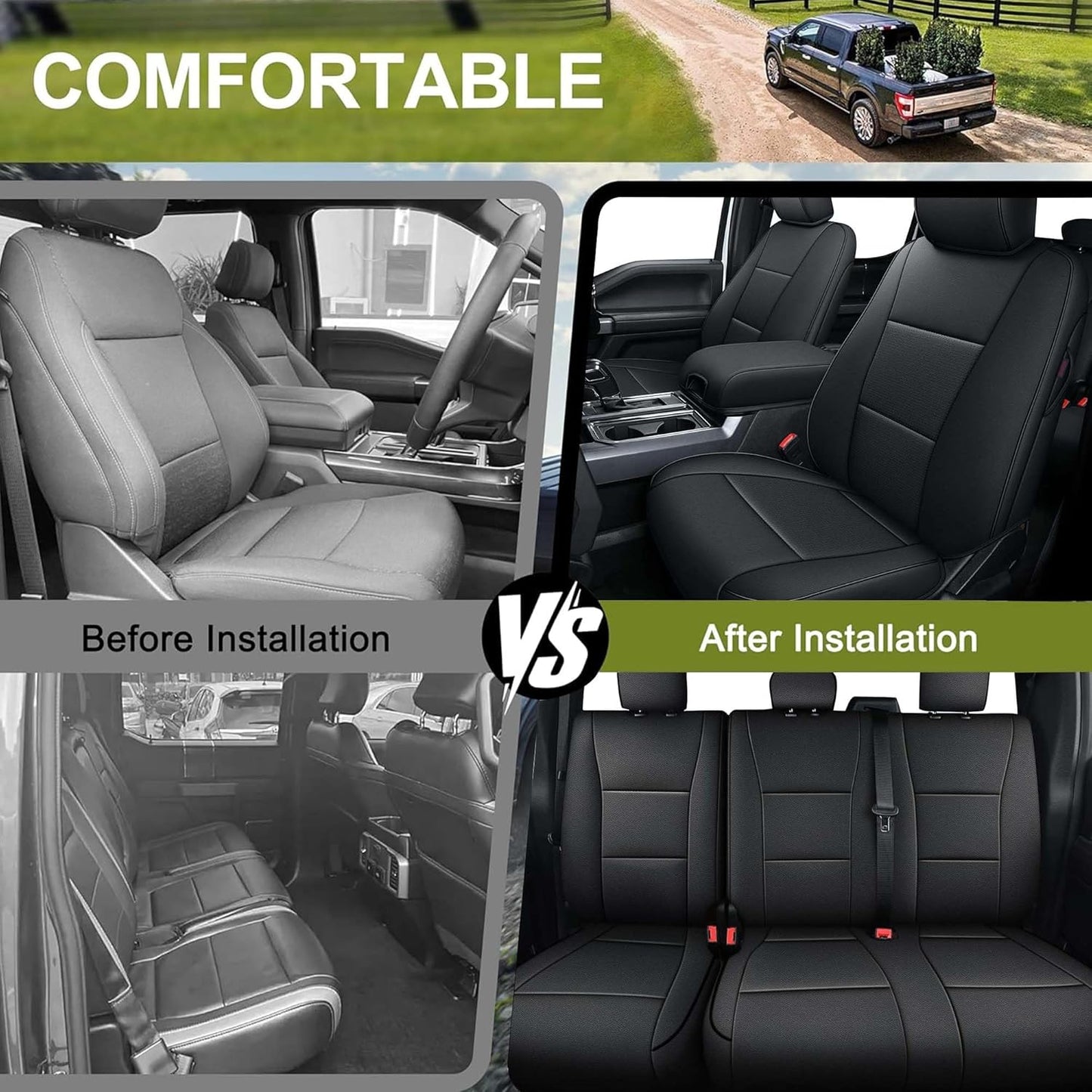 AOMSAZTO Seat Covers for Ford F150 XL XLT: 2015-2024 2025 SuperCrew & F250 F350 F450 2017-2024 Super Duty Crew Cab XL XLT, Custom Fit Full Set Faux Leather Black