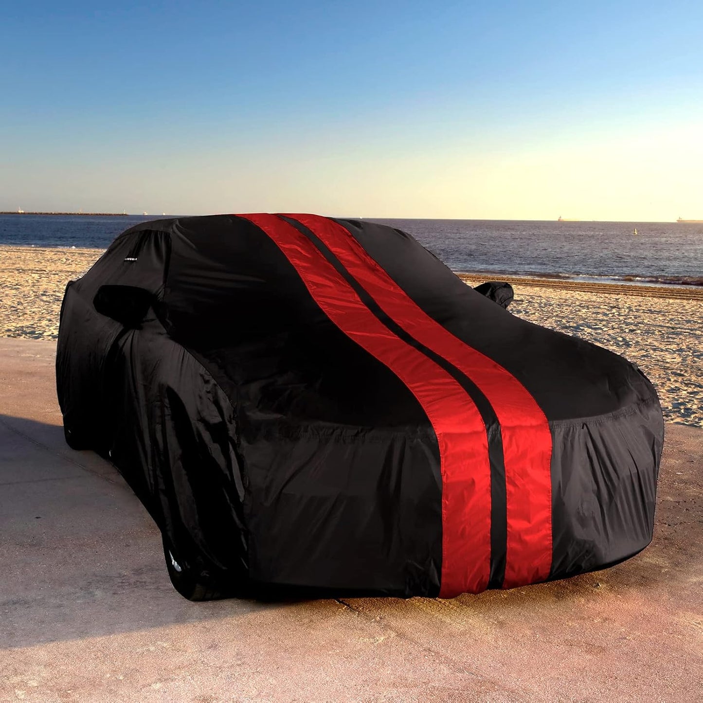 iCarCover Custom Car Cover for 2010-2024 Chevy Camaro LT, LS, RS, SS Waterproof All Weather Rain Snow UV Sun Protector Full Exterior Indoor Outdoor Car Cover (Stripe - Black/Red)