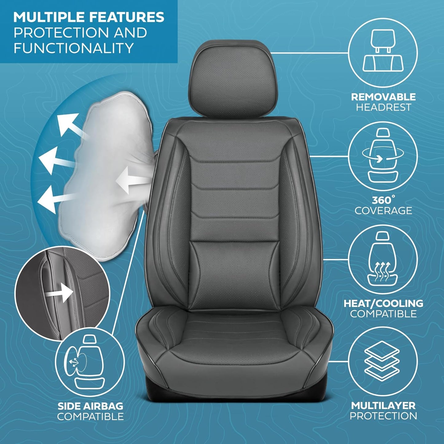 Elite Edition Faux Leather Seat Covers for Cars, Trucks, & SUV - 2 Gray Car Seat Covers for Front Seats - Universal Fit Car Accessories Automotive Interior Cover Protector for Most Vehicles