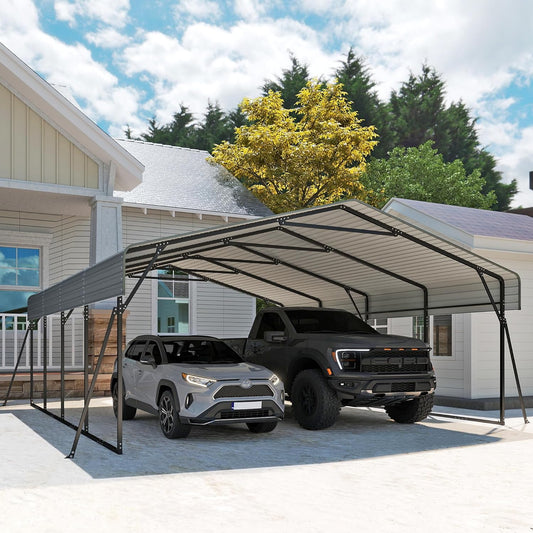 Real Relax 20x20ft Heavy Duty Metal Carport with Galvanized Steel Roof, 4 Support Legs, Outdoor Car Port Shelter for 2 Cars, Trucks and Boats