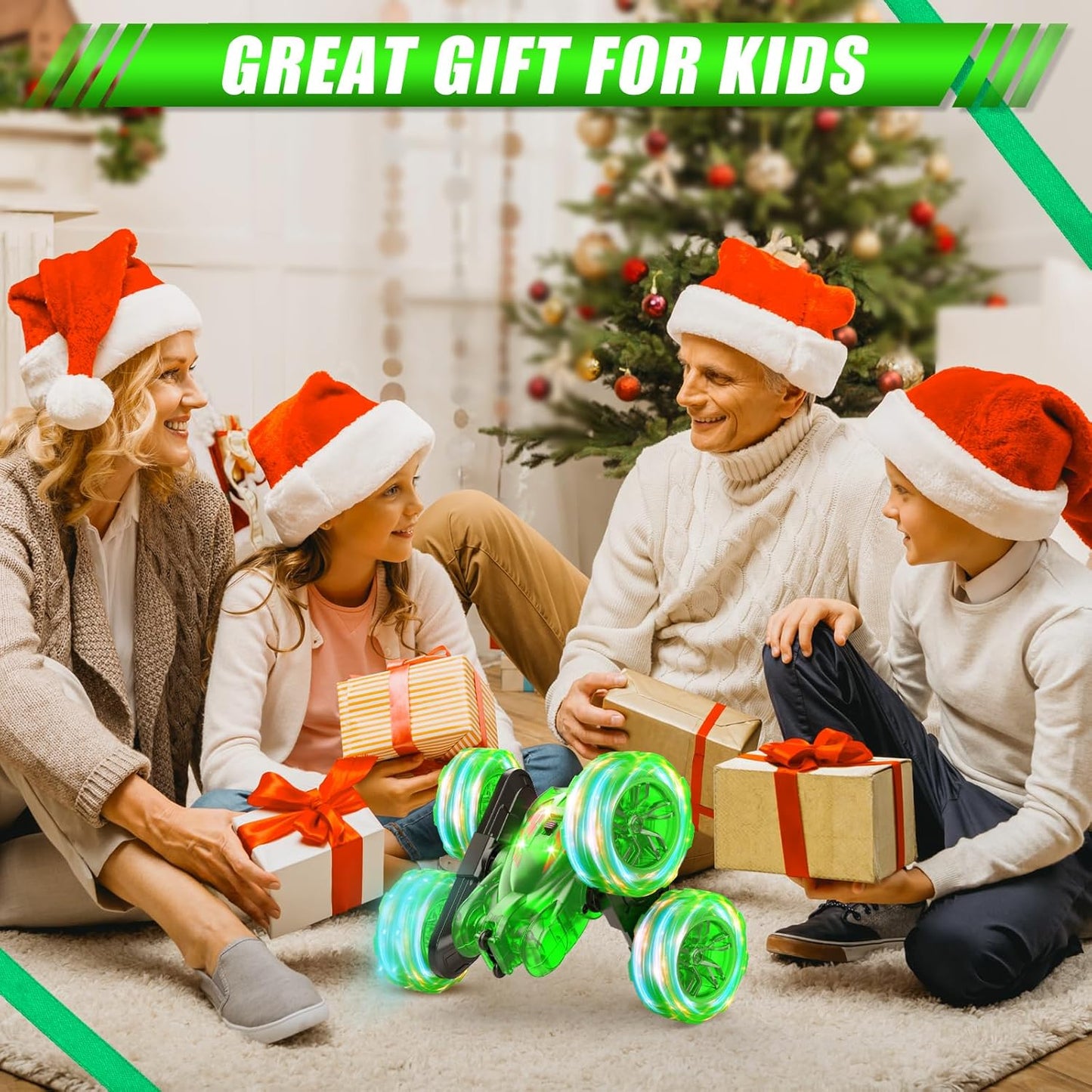 Remote Control Car-Rechargeable Fast Direct Charging RC Cars For Kids with Colorful Light,Double-Sided 360° Rotating RC Stunt Car 4WD RC Truck Car Toys for Ages 5-7 Gift for Boys Girls Aged 8-12 Green