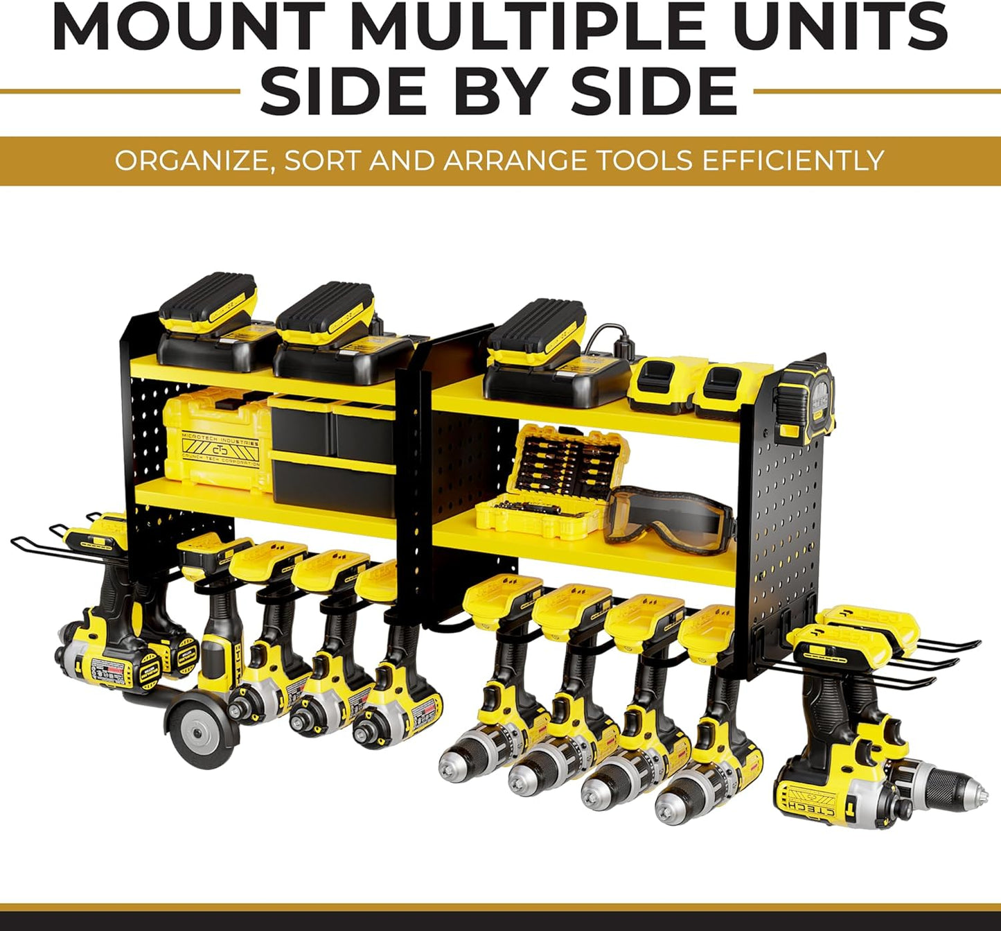Power Tool Organizer - 6 Drill Holder Wall Mount, 3 Tier Heavy-Duty Hand Storage Rack, Utility Racks, 2 Pegboard Sides - Garage Cordless Organizer (Yellow)