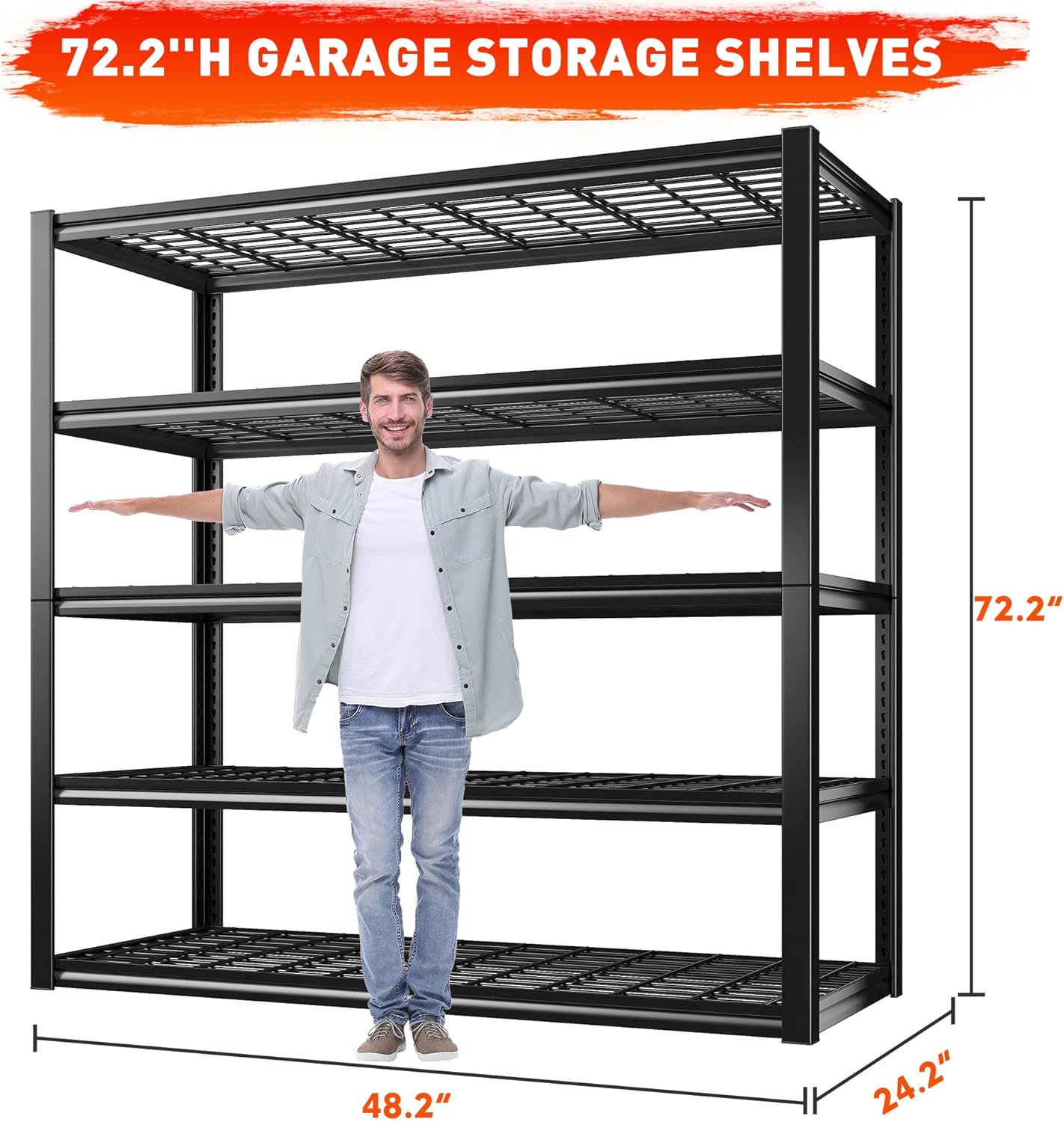REIBII 48.2''W Garage Shelving Heavy Duty Metal Shelving 3000LBS Storage Shelves Adjustable Metal Shelves Industrial Garage Shelf for Warehouse Basement, 4 Pack