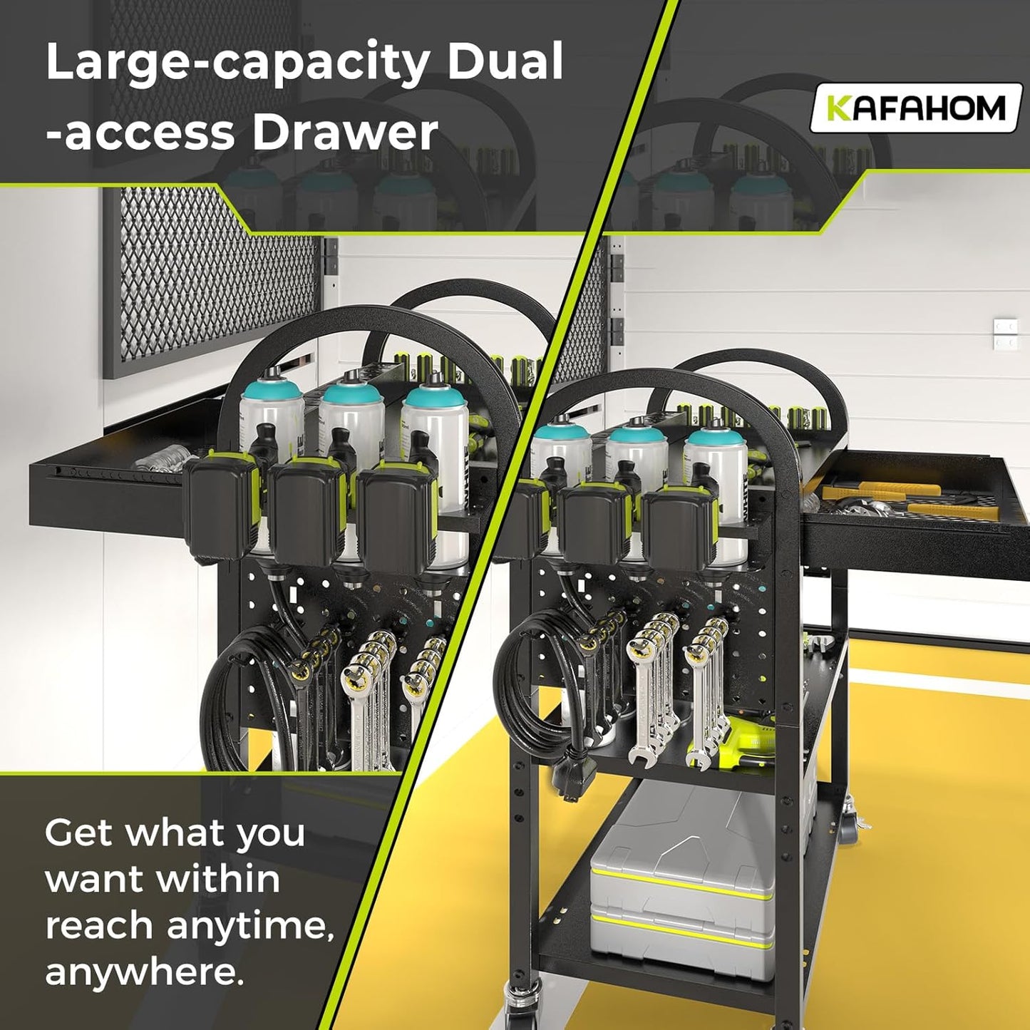 KAFAHOM Power Tool Cart with Charging Station, Rolling Cart with Drawer, Heavy Duty Power Tool Organizer with 360 Silent Wheels, Storage for Garage, Warehouse & Repair Shop