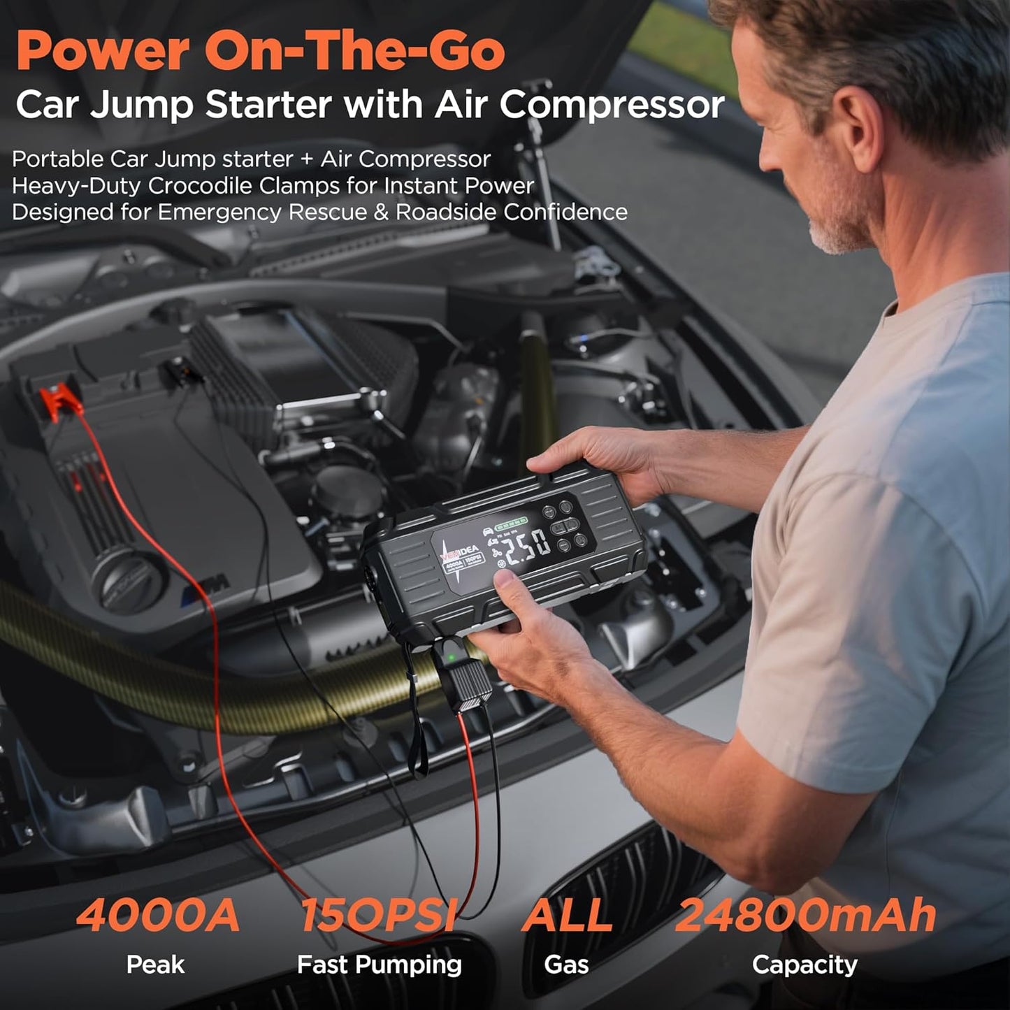 Jump Starter with Air Compressor: 4000A 150PSI Car Battery Charger - 65W Tire Inflator Portable Car Battery Jumper Starter Power Pack - Jump Box Cables (All Gas/10L Diesel) - for Automotive RV Tools