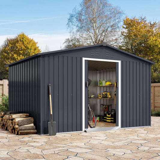 Outdoor Storage Shed 12 x 10 Ft, Outdoor Tool Metal Shed with Lockable Door, Air Vents and Sloping Roof, Metal Aluminum Waterproof Tool Sheds for Yard, Garden, Patio, Garage, Lawn, Gray