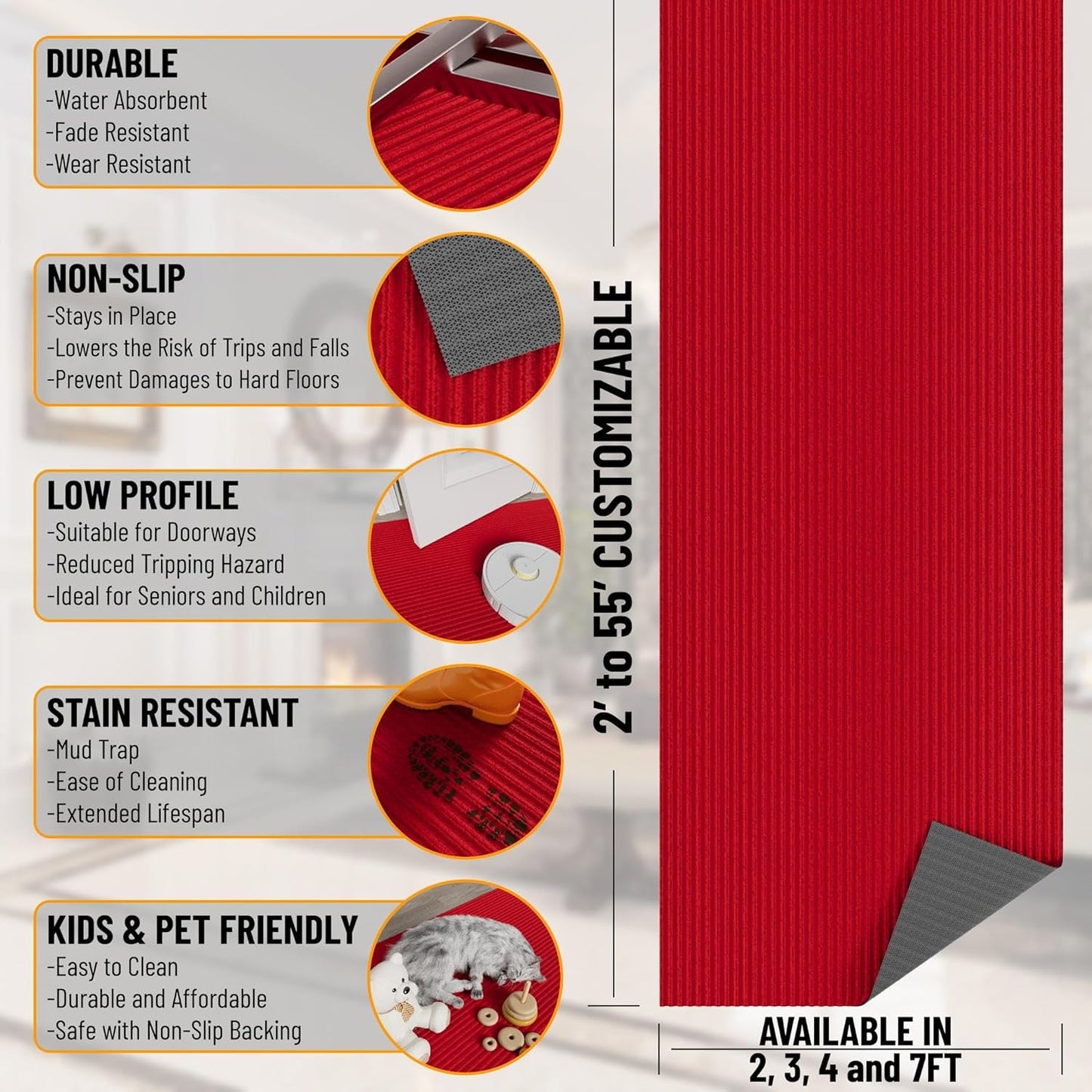 Ottomanson 2'7" x 7' Hallway Runner with Scraper Pile Extra Durable Non-Slip Rug Mat for Indoor & Outdoor Use - Ideal for Kitchen, Entryway, Patio & Garage - High-Traffic Carpet, Red