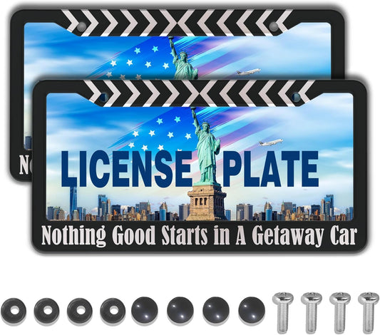 License Plate Frames Black and White Fun License Plate Frame Cover Nothing Good Starts in a Getaway Car Universal Aluminum Car Accessory 2 Pack with Screw Covers Set