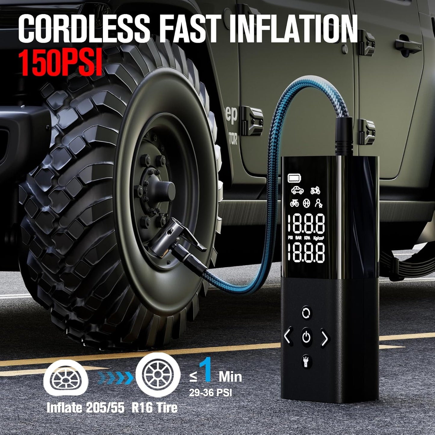 GOOLOO AP150 Tire Inflator Portable Air Compressor, 2X Faster 150PSI Cordless Air Pump for Car Tires with Auto-Shutoff, Portable Tire Pump with Digital Pressure Gauge for Car, Motorcycle,Bike, Ball