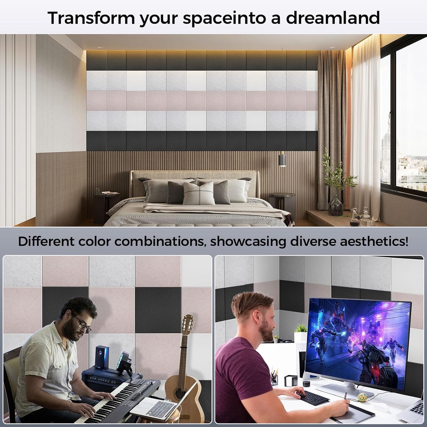 15 pcs 165dtex Microfiber Acoustic Panels ，Self-Adhesive Soundproof Wall Panels, 12 x 12 x 0.4 in Sound Proof Foam Panels for Walls, High Density, Noise Dampening Panels for Home Studio（White）