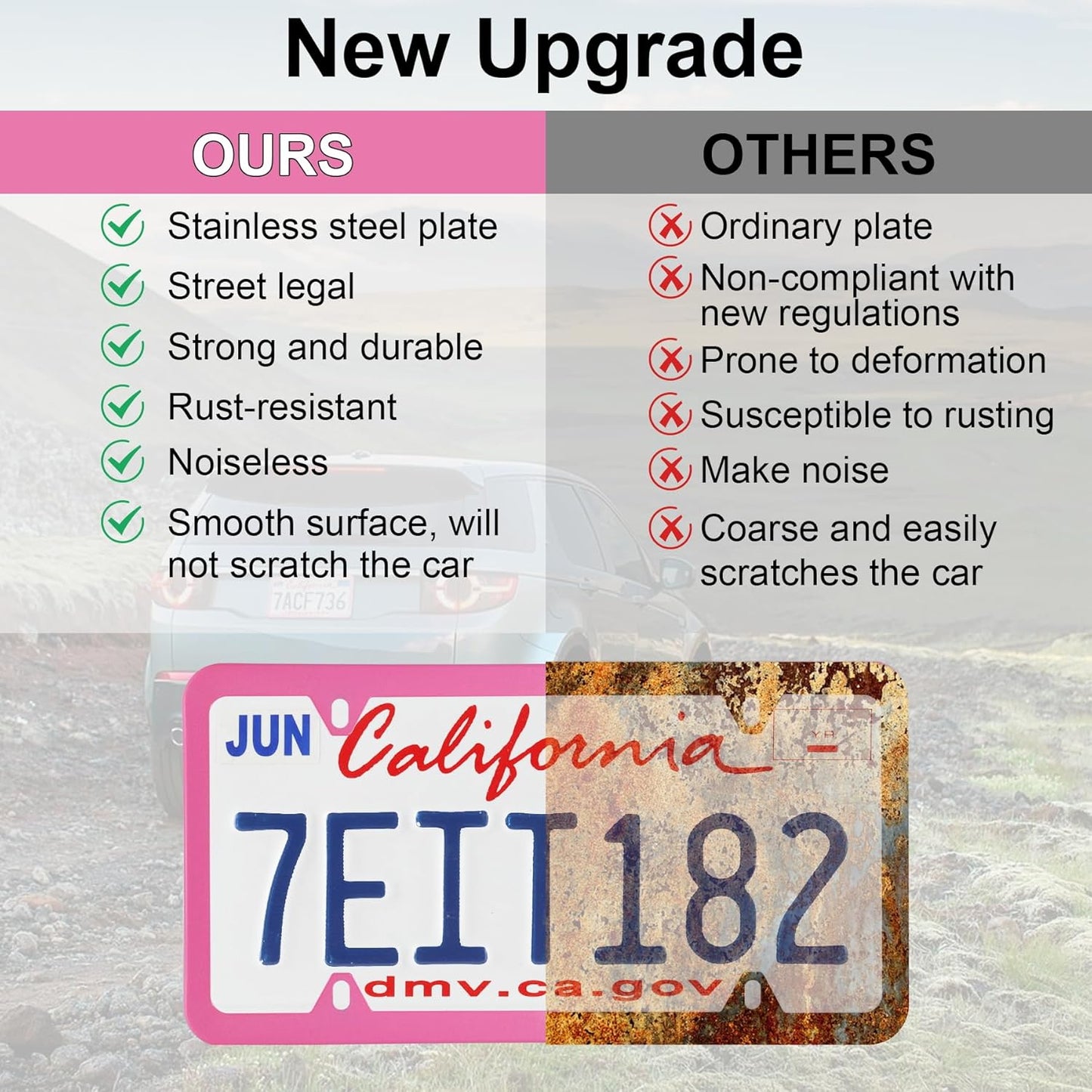 LivTee 4 Holes Stainless Steel License Plate Frames, 2 PCS Car Licence Plate Covers, Automotive Exterior Accessories Slim Design with Bolts Washer Caps for US Vehicles, Pink