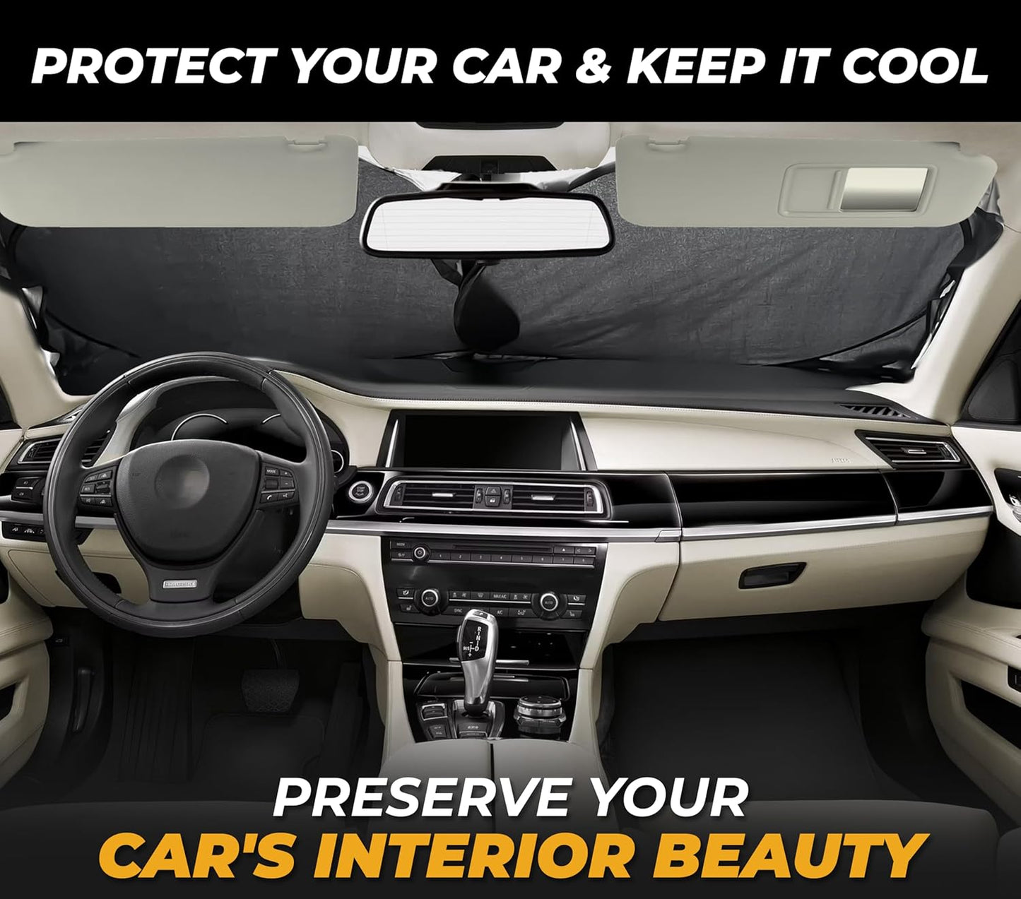 Windshield Sun Shade for Car, SUV & Truck – Patented Design Blocks 99% UV Rays & Heat | 240T Reflective Polyester Sunshade with Storage Bag | Keeps Vehicle Interior Cool | Universal Fit (64" x 33.5")