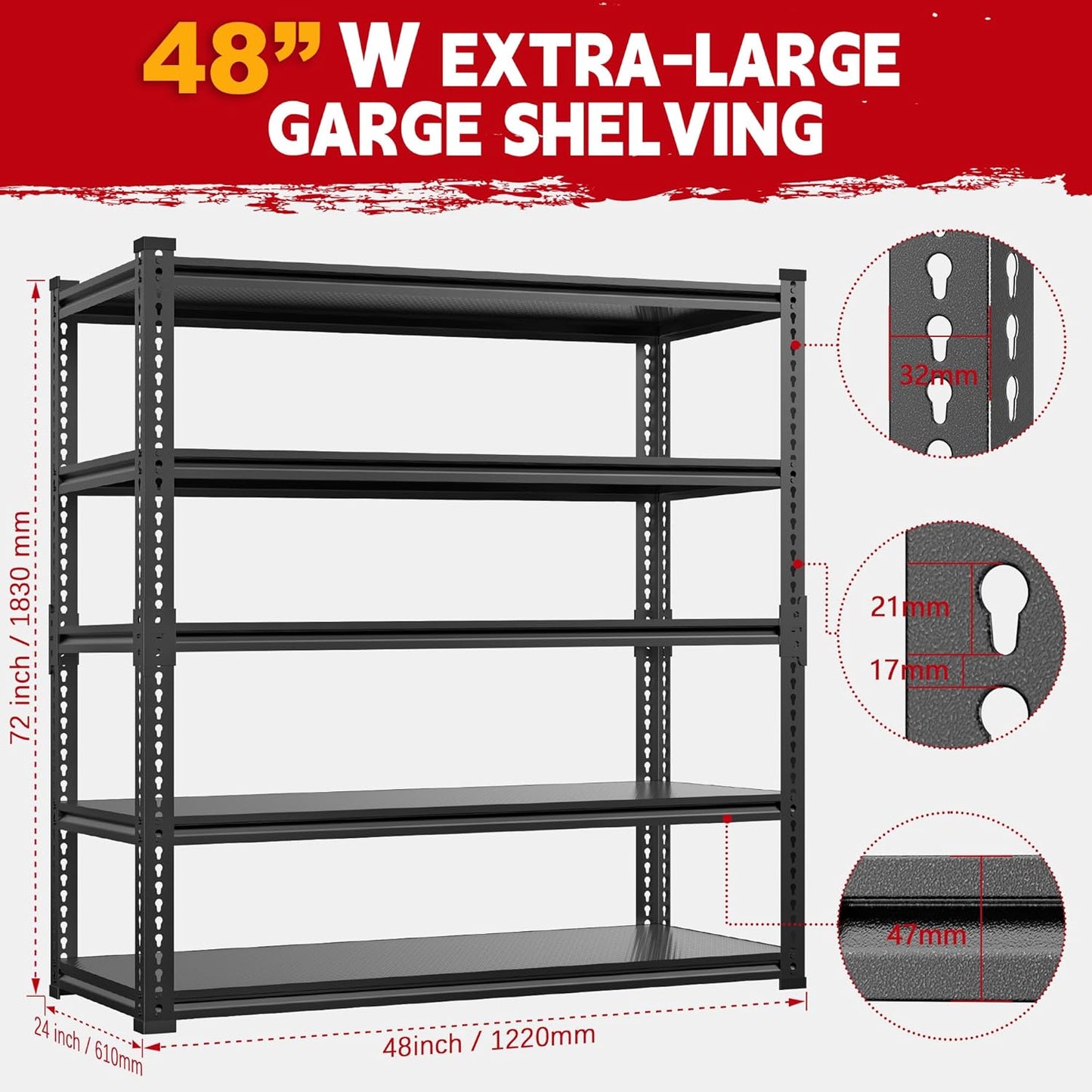 48" Wide Garage Shelving Heavy Duty 3000LBS, 5 Tier Adjustable Storage Rack, 72" H x 48" W x 24" D Boltless Shelving Unit for Garage, Warehouse, Basement, Workshop
