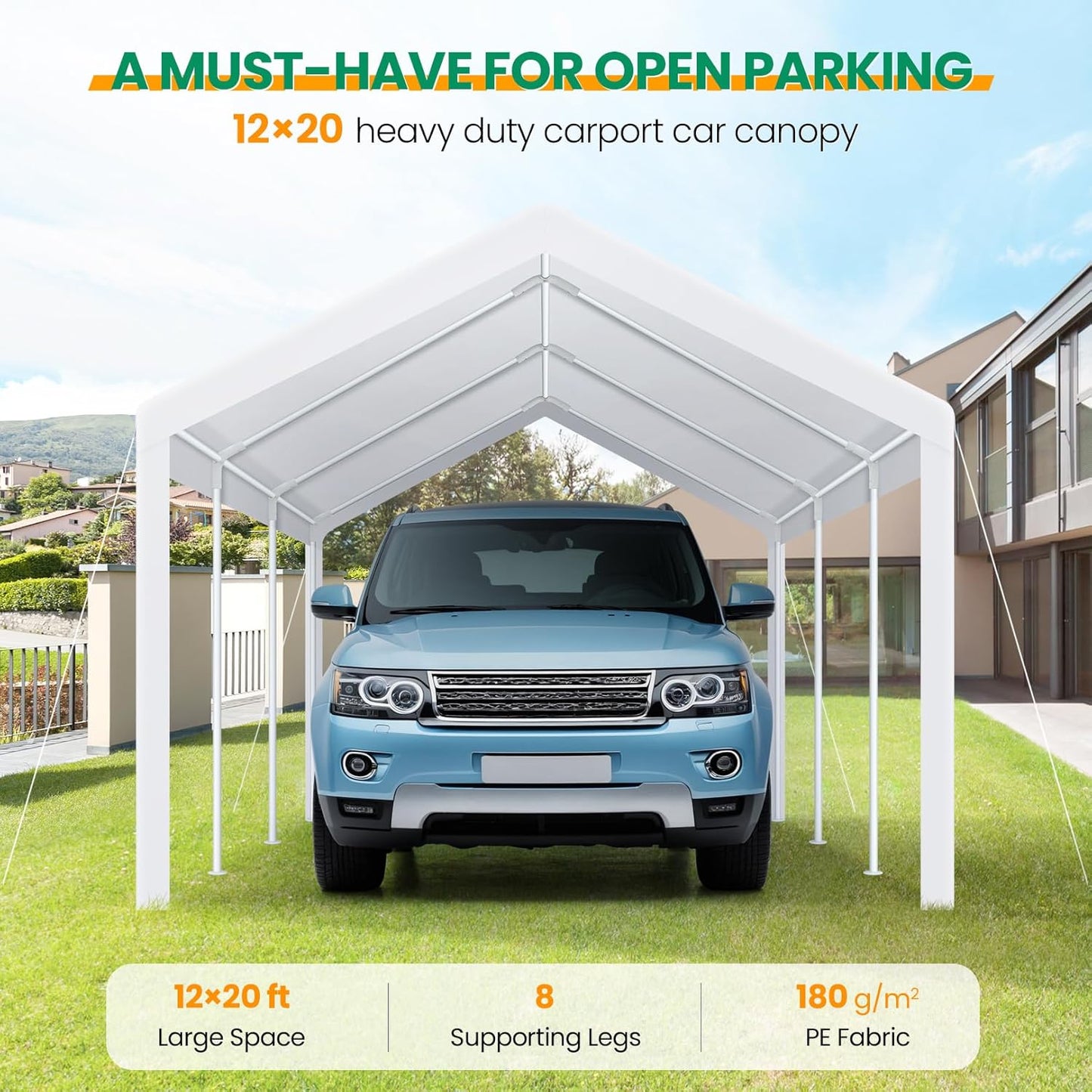 COBIZI Carport Canopy 12x20 Heavy Duty Car Tent Garage, Galvanized Frame Car Canopy Outdoor Shelter Waterproof & UV Protected with Built-in Sandbags & All-Season Tarp for Car Boat Truck, White