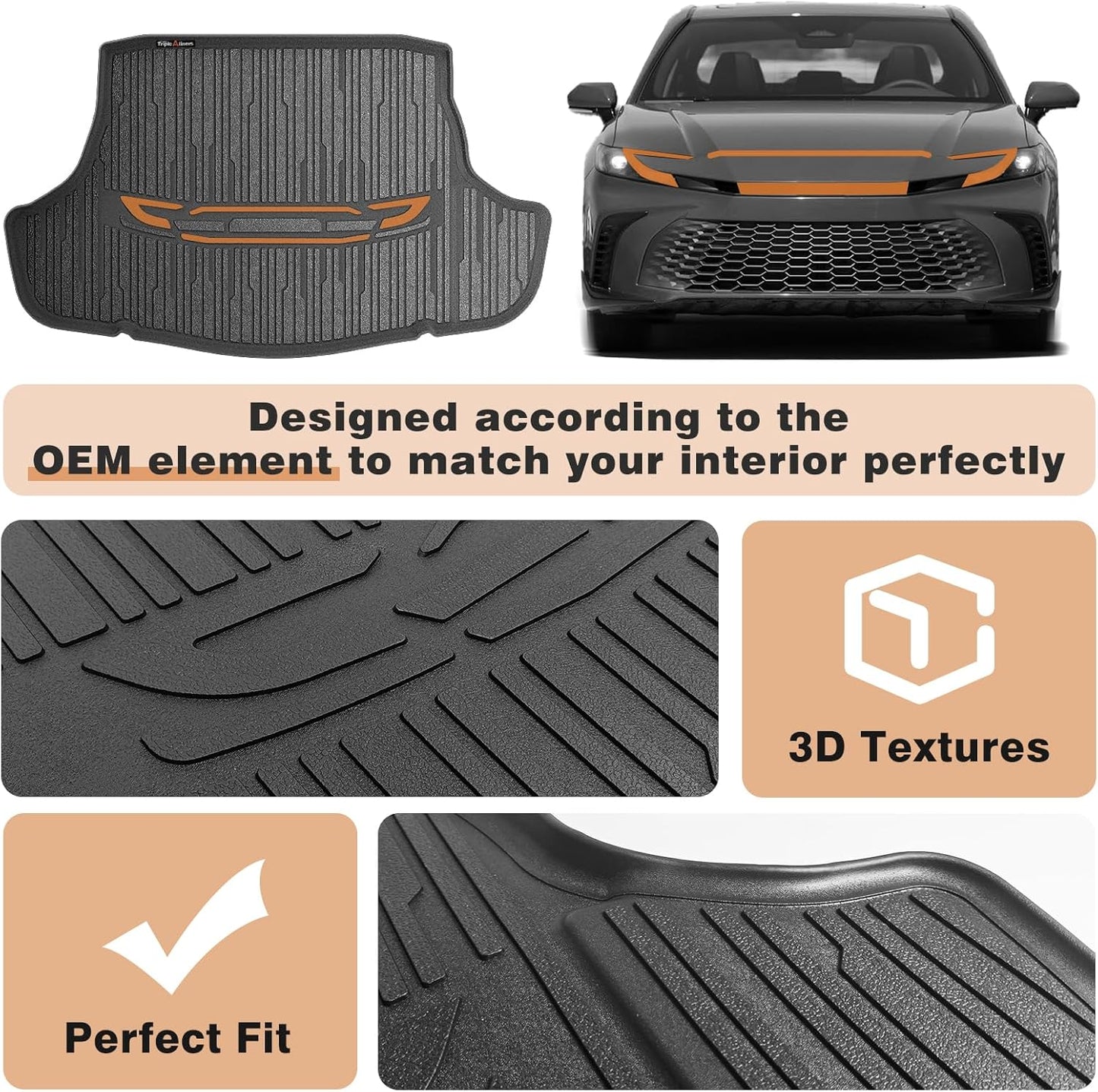 TripleAliners Floor Mats & Trunk Mat All Weather Liners Compatible with 2025 Toyota Camry (Include Hybrid) Accessories Carpets Liner TPE Custom Fit Protection Car (Floor Mats+Trunk Mat)