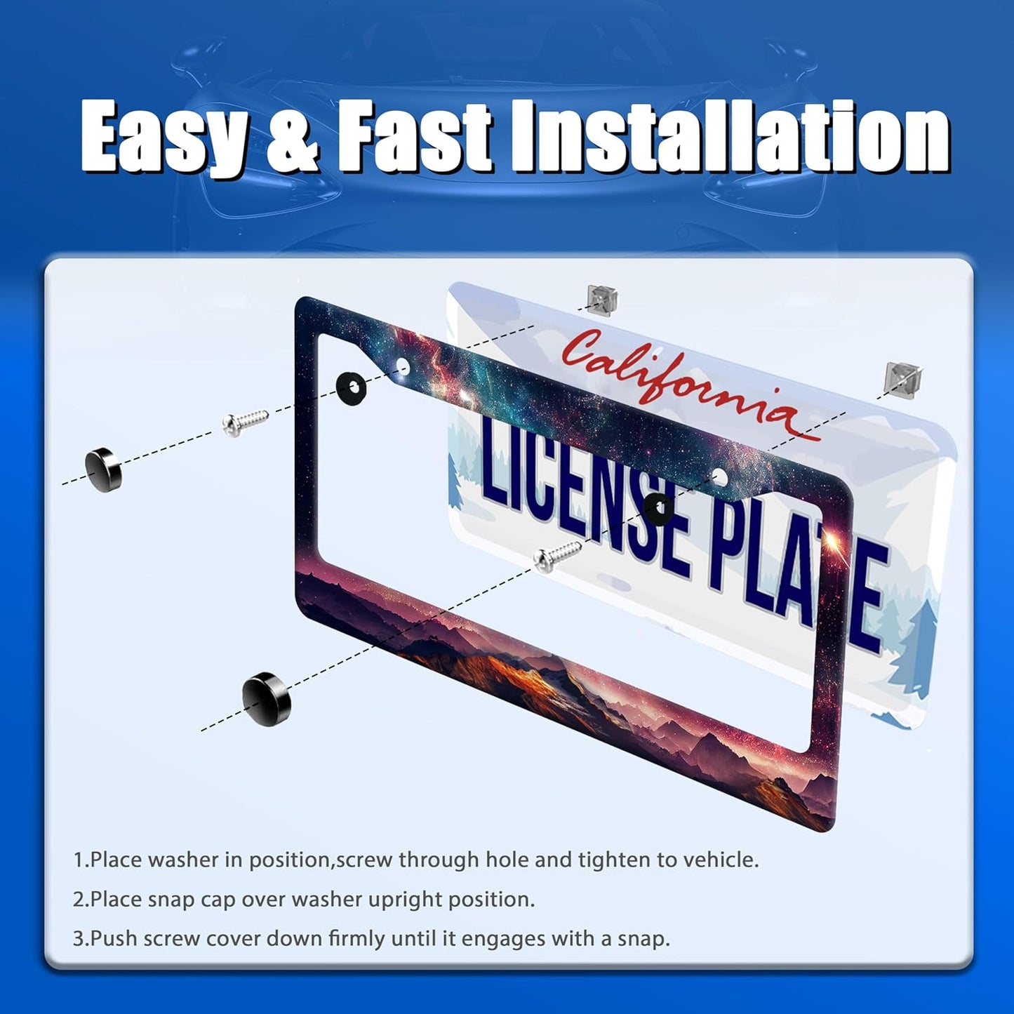 Mountain License Plate Frame Colorful Starry Sky Galaxy License Plate Stainless Steel Funny License Plate Holder Men Women Mountains Car Accessory Decoration 12.3" x 6.3"