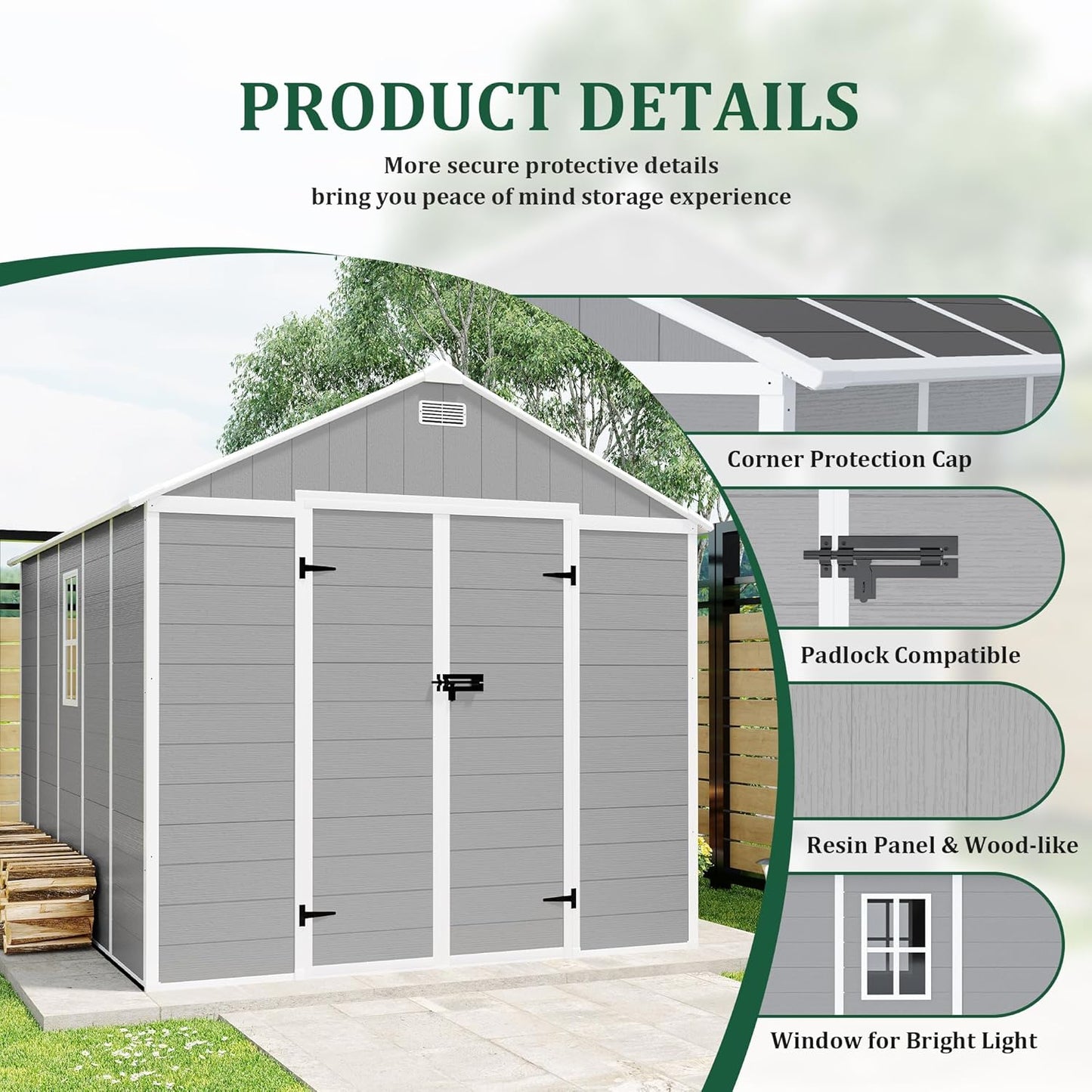 Resin Storage Shed 10x8 ft, Large Outdoor Sheds with Floor, Lockable Doors and Vents, HD Window, 12mm Thick pp Board, Garden Storage Tool Shed for Backyard Patio Lawn (Grey, 10 * 8ft)